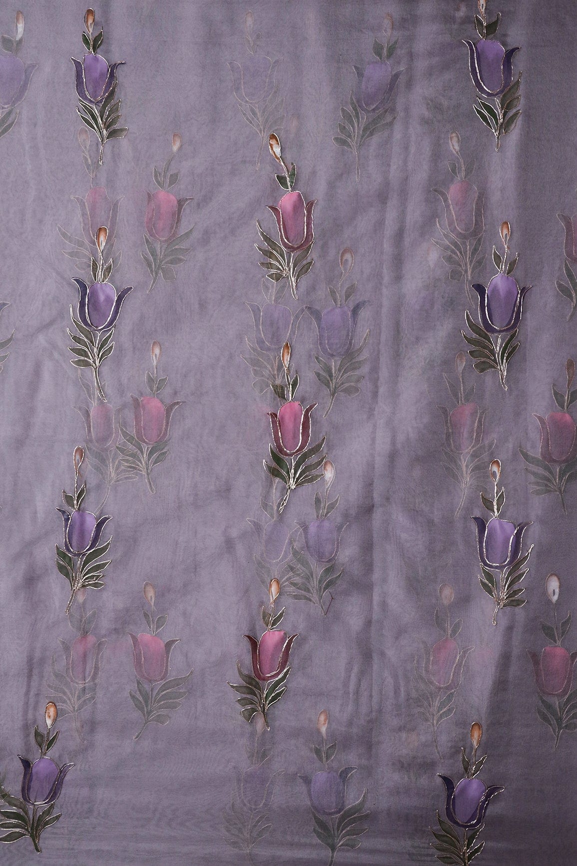doeraa Embroidery Fabrics 1.75 Meter Cut Piece Of Beautiful Floral Hand Painted With Embroidery Work On Lavender Organza Fabric