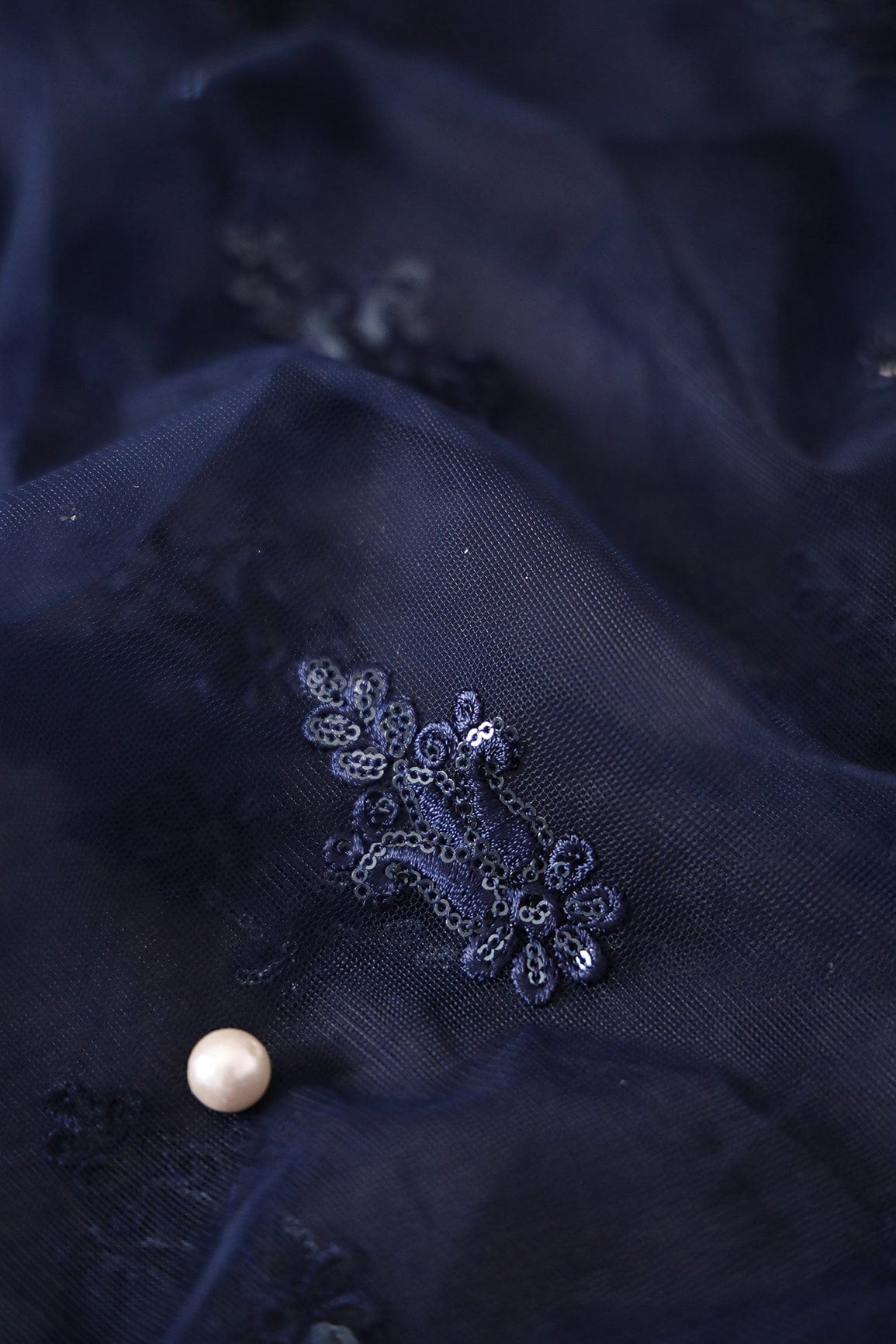 doeraa Embroidery Fabrics 1.75 Meter Cut Piece Of Blue Thread With Sequins Floral Butta Embroidery Work On Navy Blue Soft Net Fabric