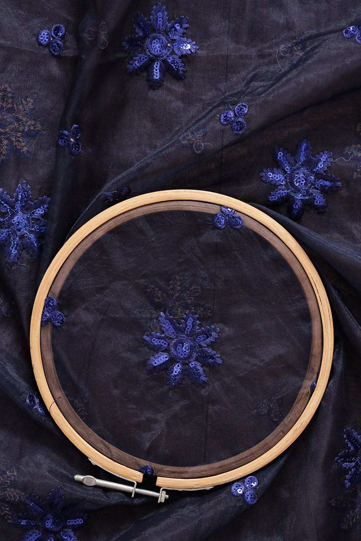 doeraa Embroidery Fabrics 1.75 Meter Cut Piece Of Blue Thread With Sequins Floral Embroidery Work On Dark Navy Blue Organza Fabric