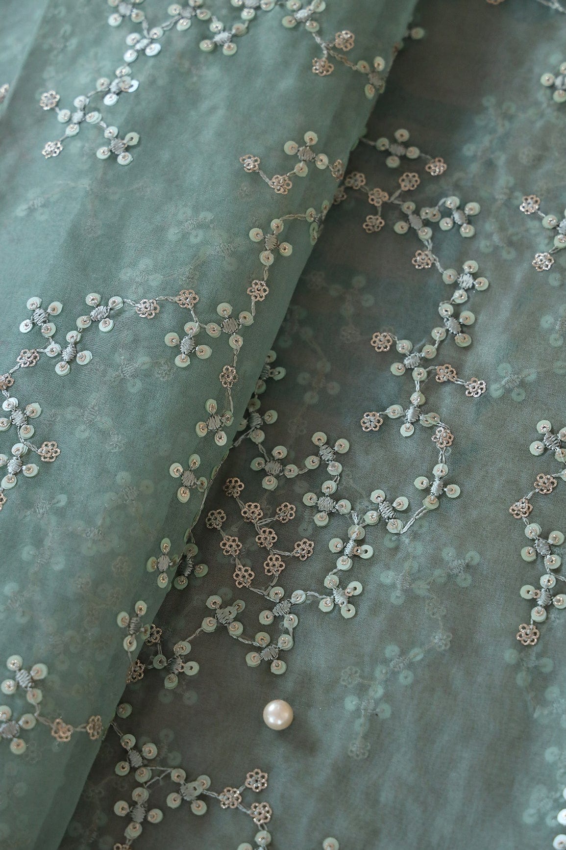 doeraa Embroidery Fabrics 1.75 Meter Cut Piece Of Olive Thread With Sequins Embroidery On Olive Organza Fabric
