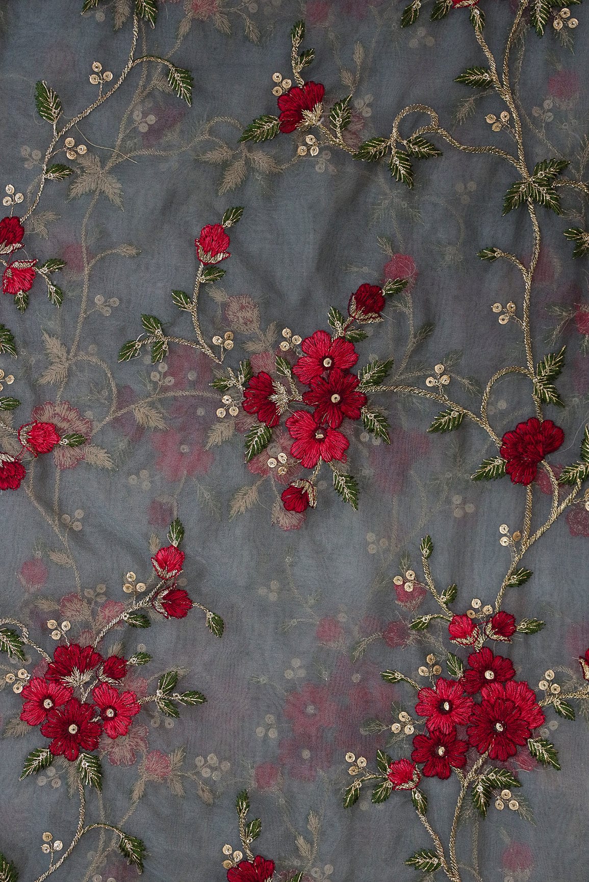 doeraa Embroidery Fabrics 1.75 Meter Cut Piece Of Red And Olive Thread With Gold Zari Floral Embroidery On Grey Organza Fabric