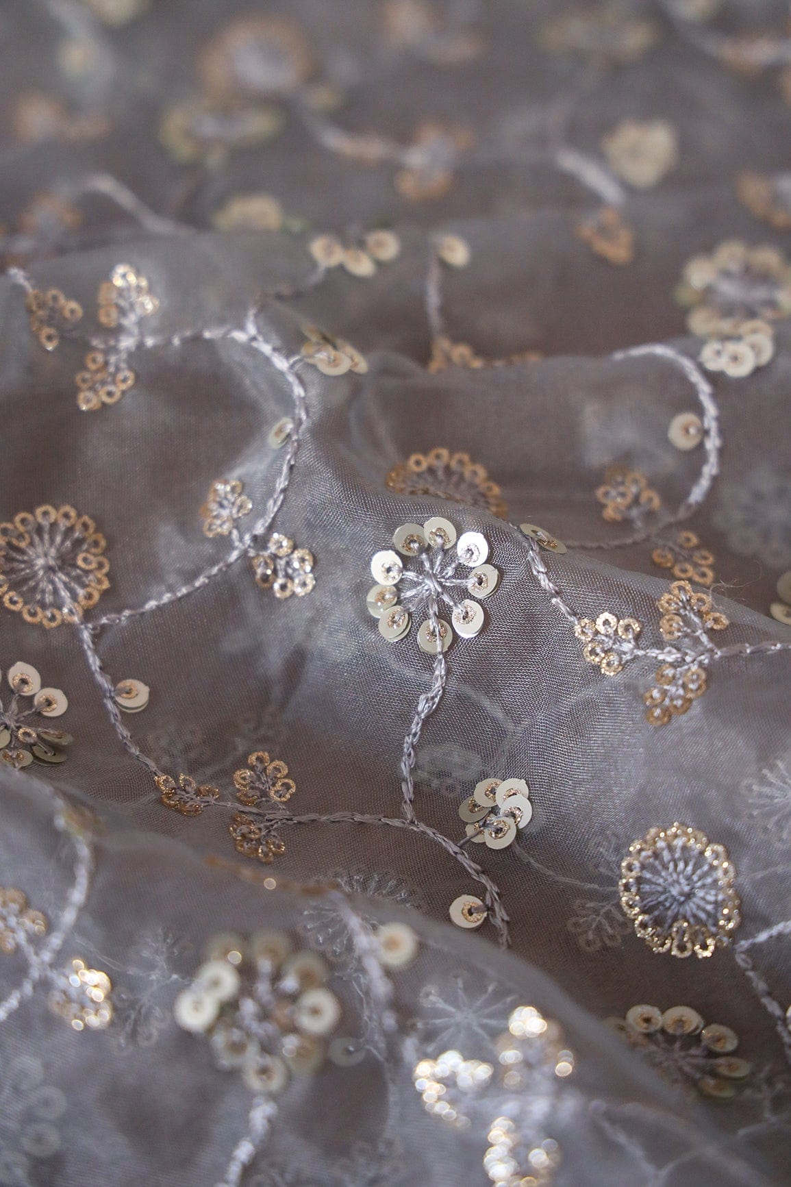 doeraa Embroidery Fabrics 1 Meter Cut Piece Of Gold And Silver Sequins Floral Embroidery Work On Grey Organza Fabric