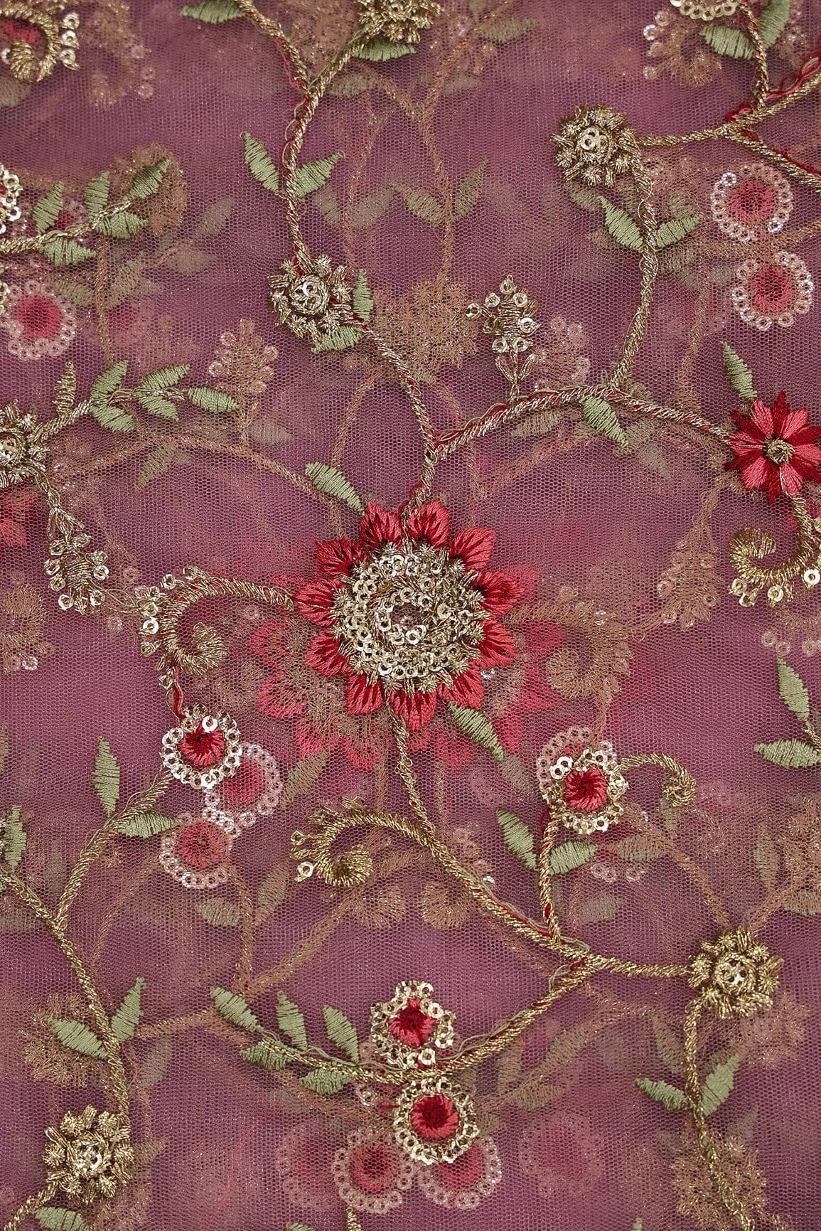 doeraa Embroidery Fabrics 1 Meter Cut Piece Of Gold Sequins With Gold Zari Floral Thread Embroidery On Pink Soft Net Fabric