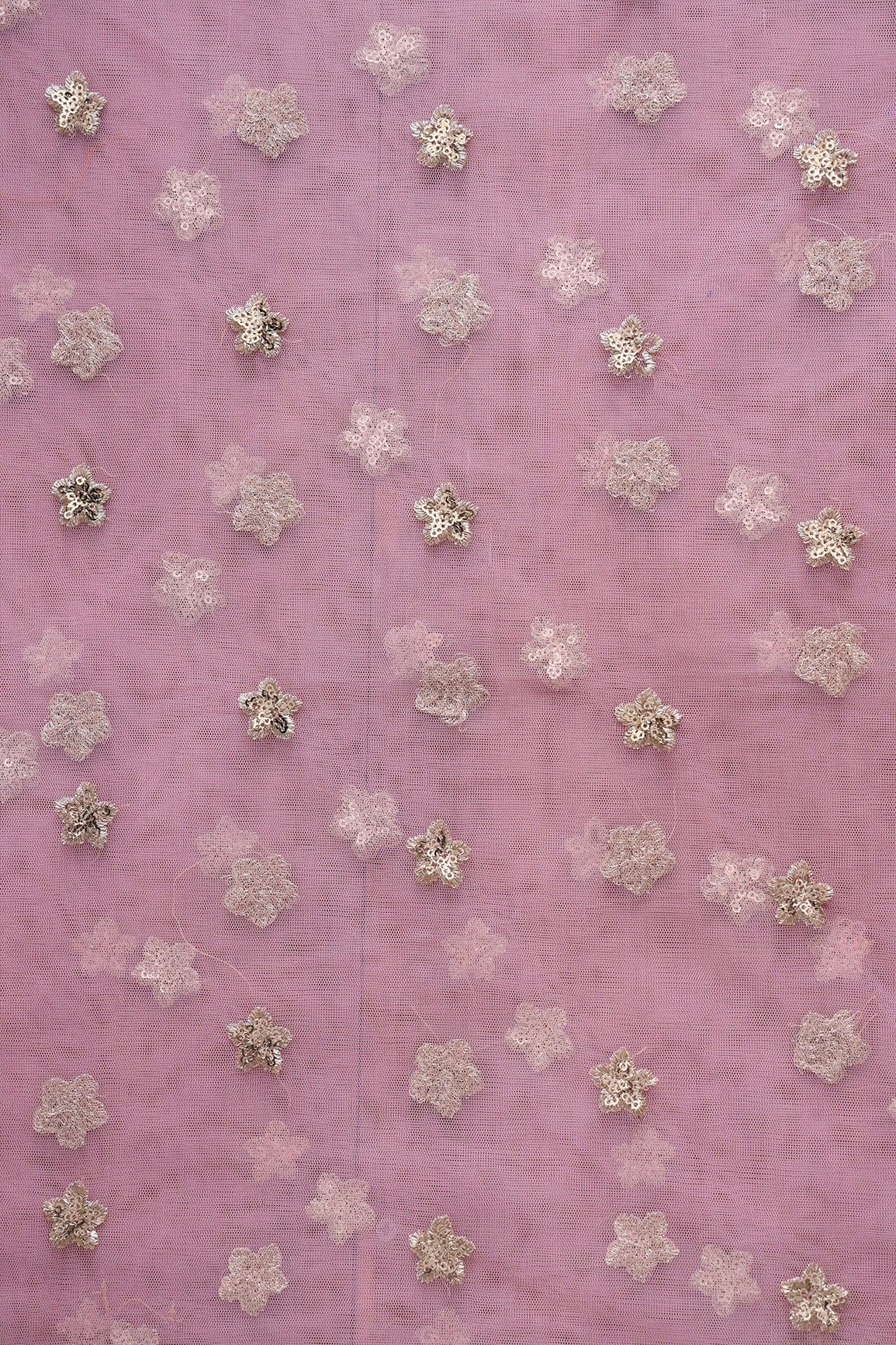 doeraa Embroidery Fabrics 1 Meter Cut Piece Of Gold Sequins With Gold Zari Small Floral Embroidery Work On Pink Soft Net Fabric