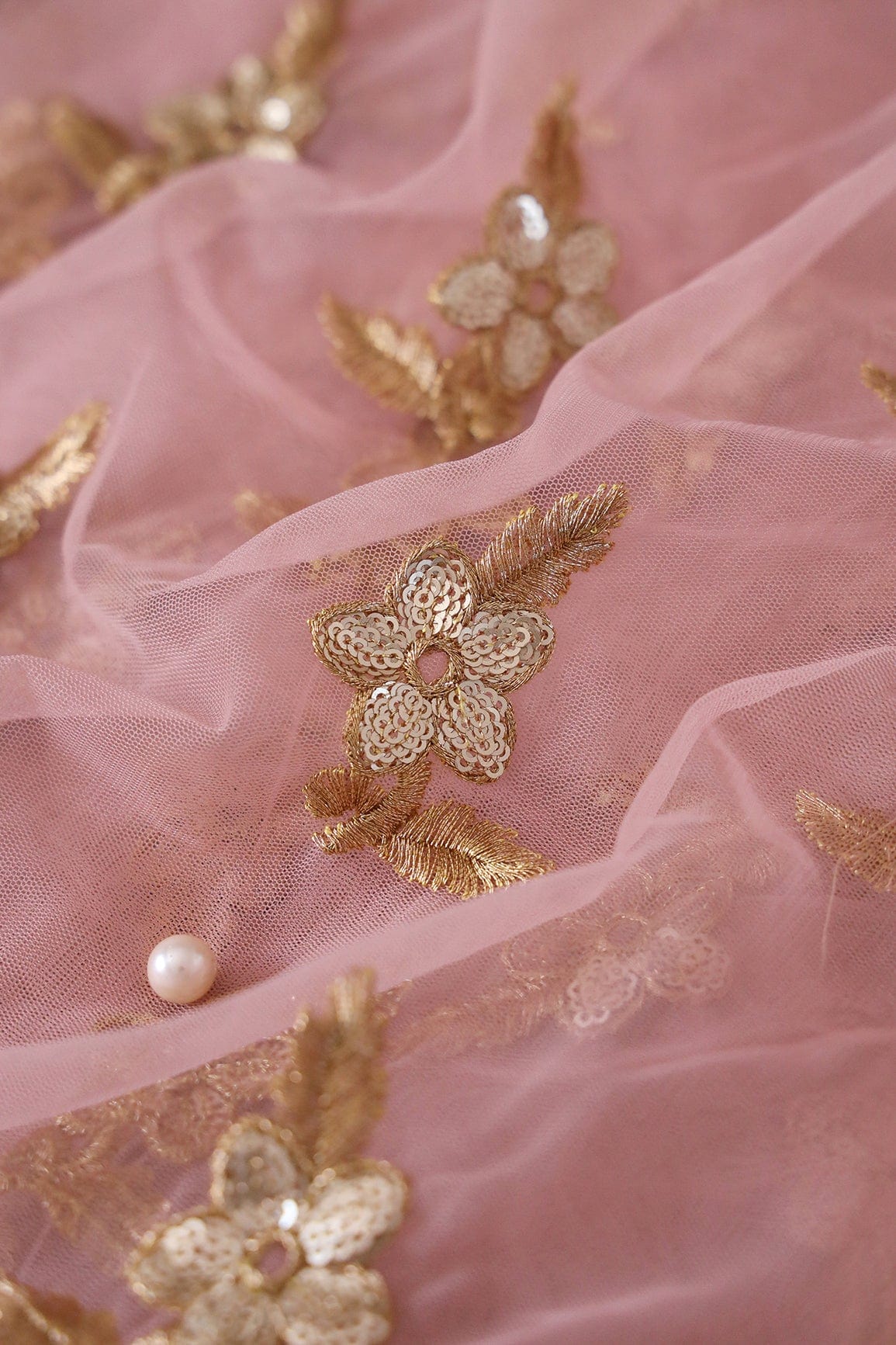 doeraa Embroidery Fabrics 1 Meter Cut Piece Of Gold Sequins With Gold Zari Small Floral Embroidery Work On Pink Soft Net Fabric