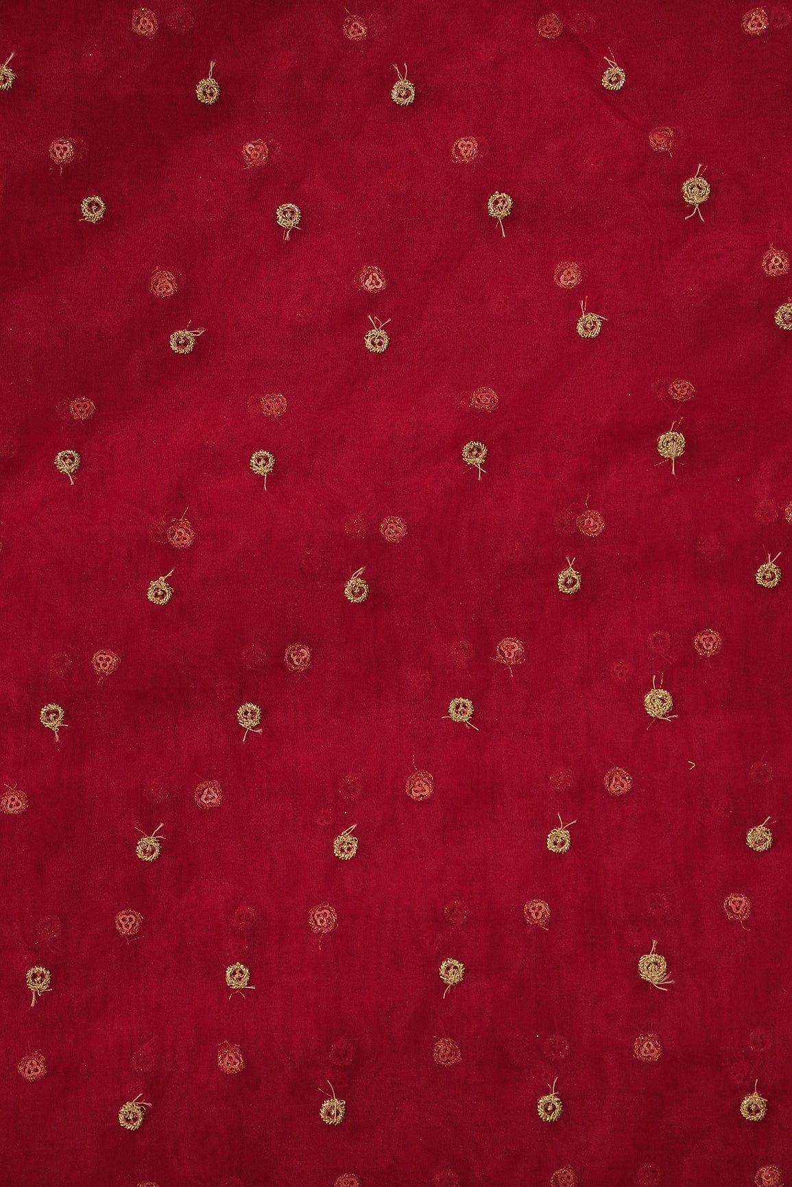 doeraa Embroidery Fabrics 1 Meter Cut Piece OF Gold Sequins With Gold Zari Small Motif Embroidery On Red Organza Fabric