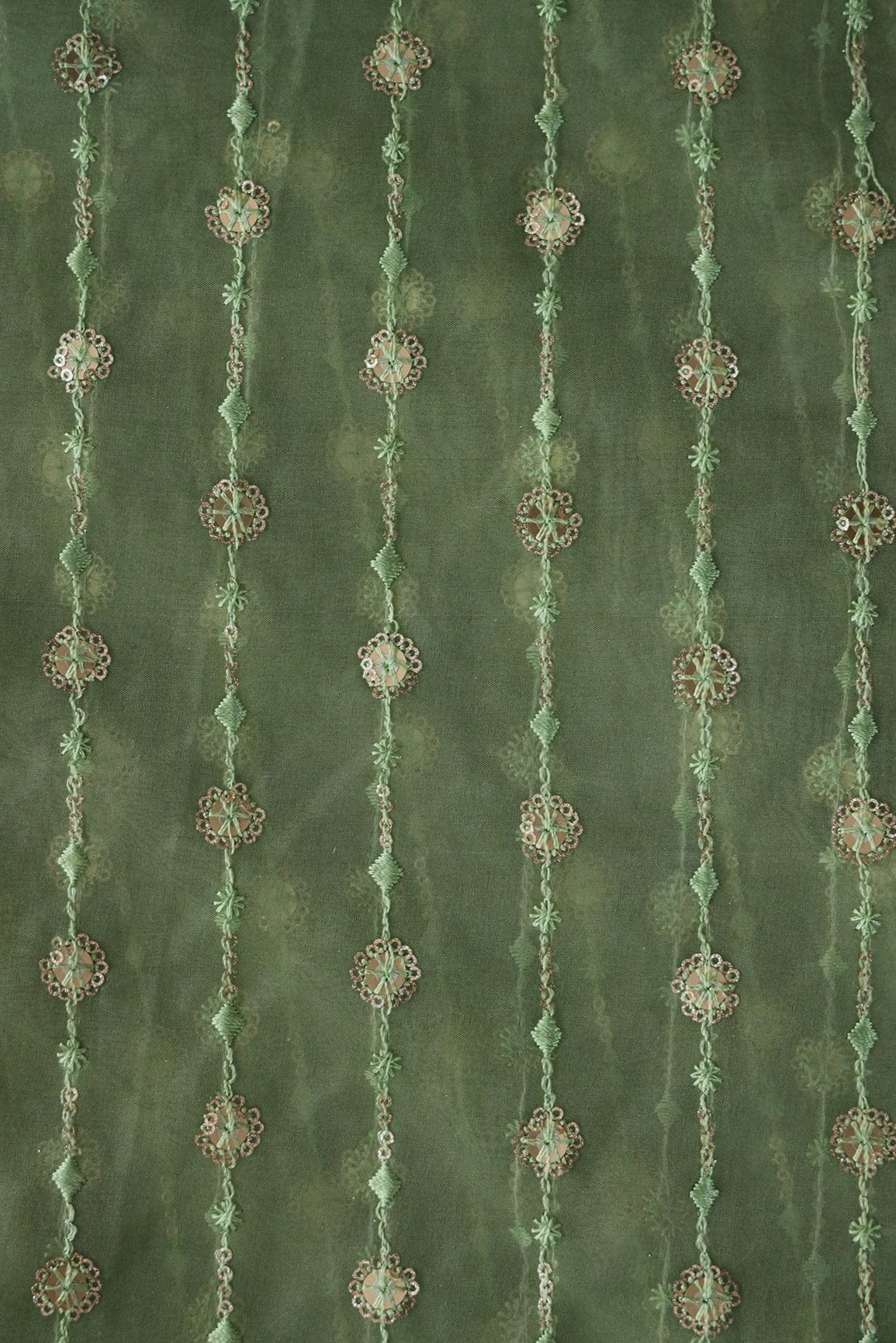 doeraa Embroidery Fabrics 1 Meter Cut Piece Of Gold Sequins With Thread Embroidery On Olive Green Organza Fabric