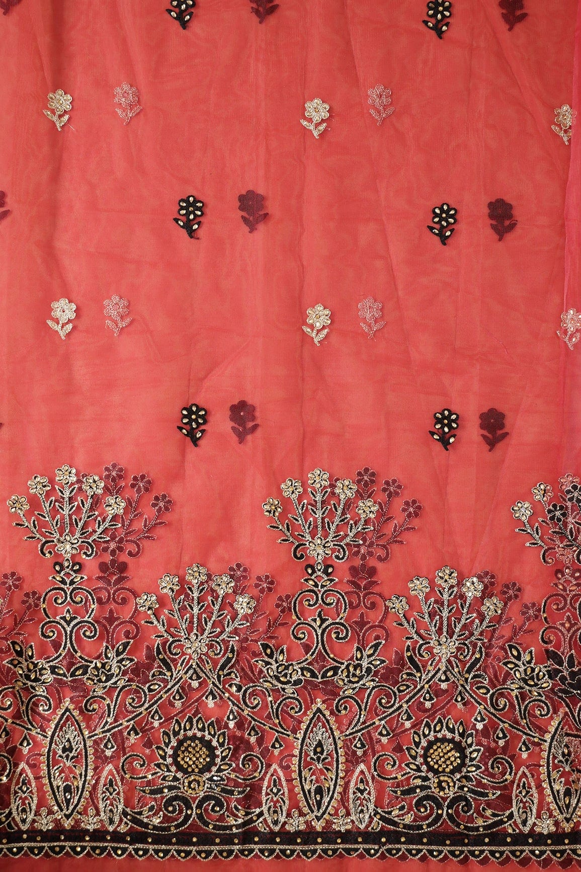 doeraa Embroidery Fabrics 1 Meter Cut Piece Of Gold Zari With Black Thread Border Embroidery Work On Red Soft Net Fabric