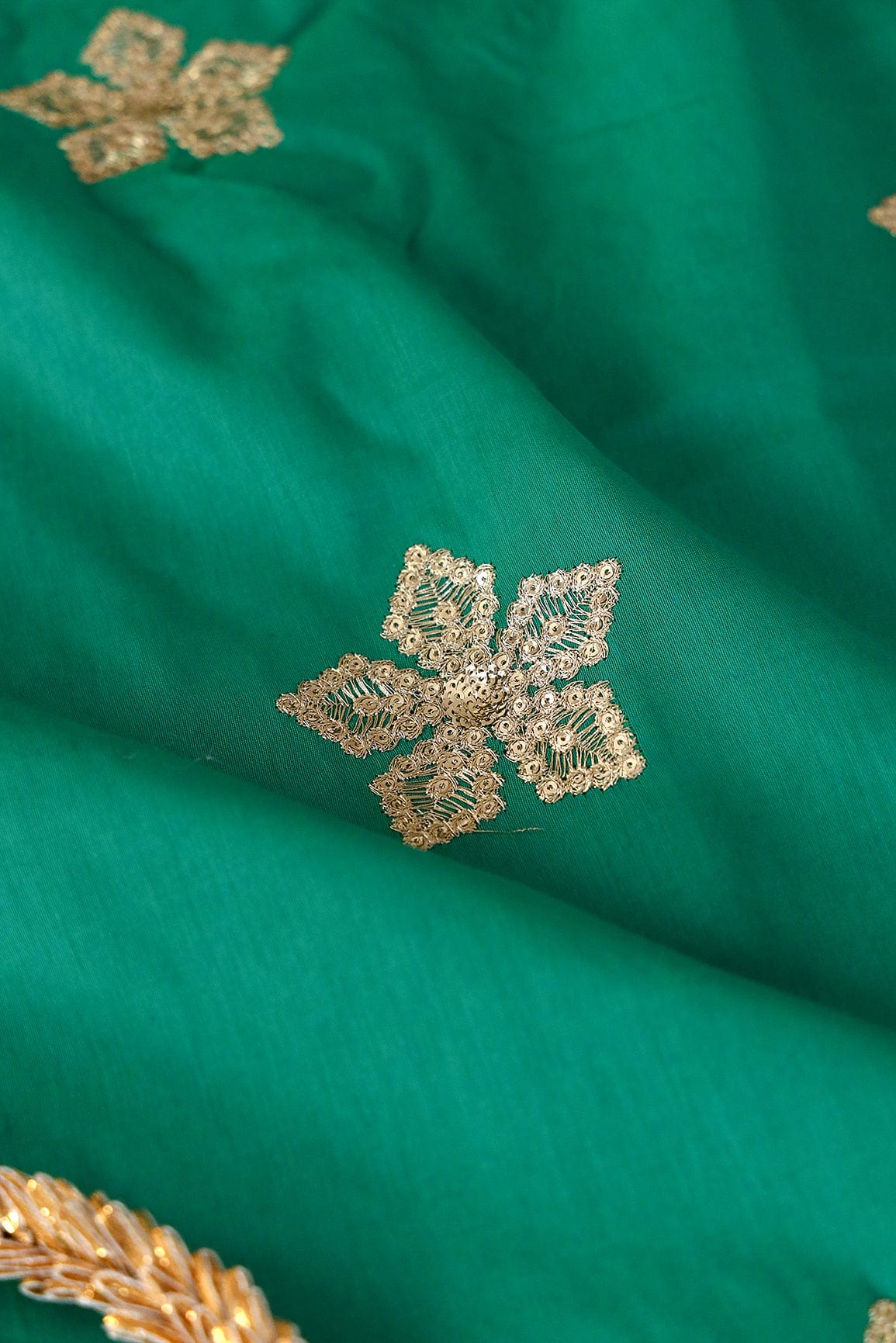 doeraa Embroidery Fabrics 1 Meter Cut Piece Of Gold Zari With Gold Sequins Floral Embroidery On Green Cotton Fabric