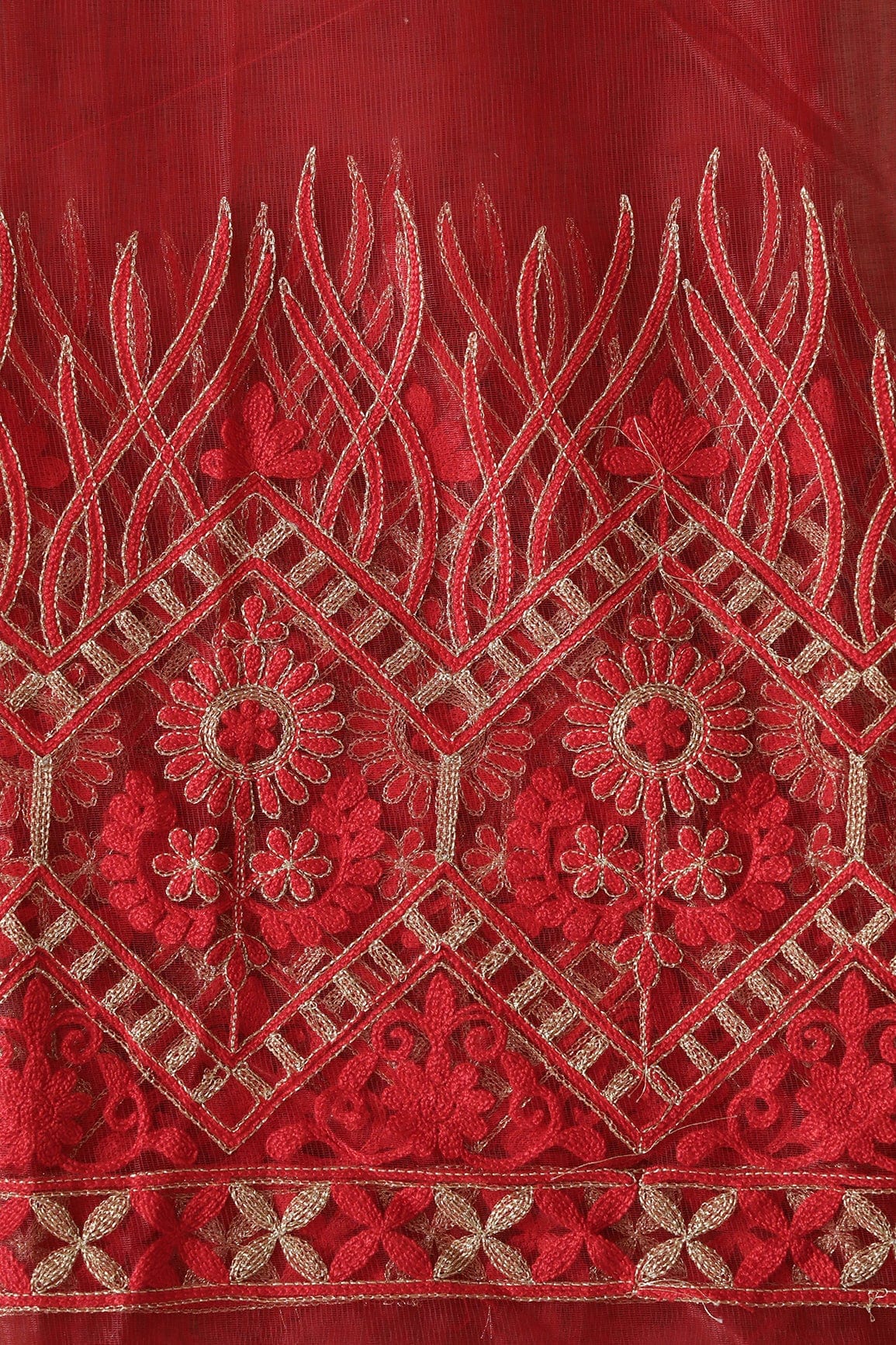 doeraa Embroidery Fabrics 1 Meter Cut Piece Of Gold Zari With Red Thread Border Embroidery Work On Red Soft Net Fabric