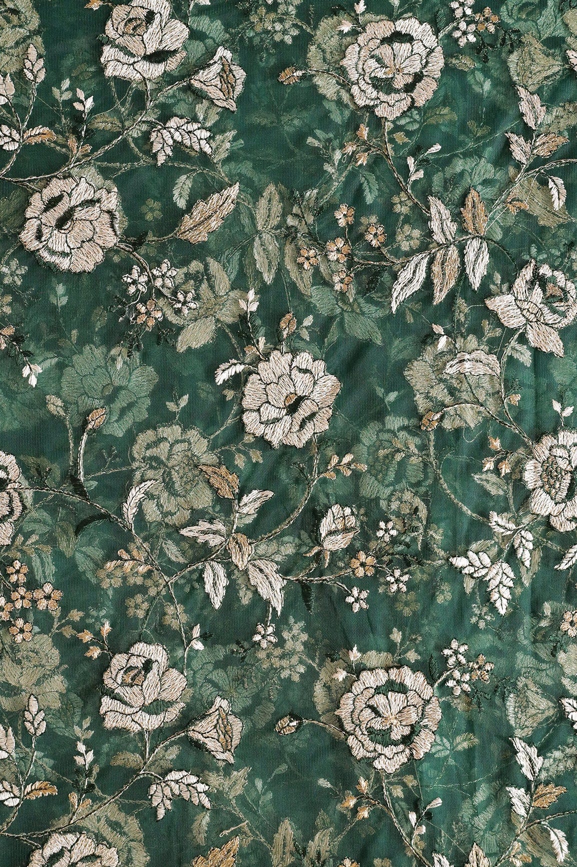 doeraa Embroidery Fabrics 1 Meter Cut Piece Of Heavy Floral Beige And Green Thread Work Embroidery On Green Soft Net Fabric