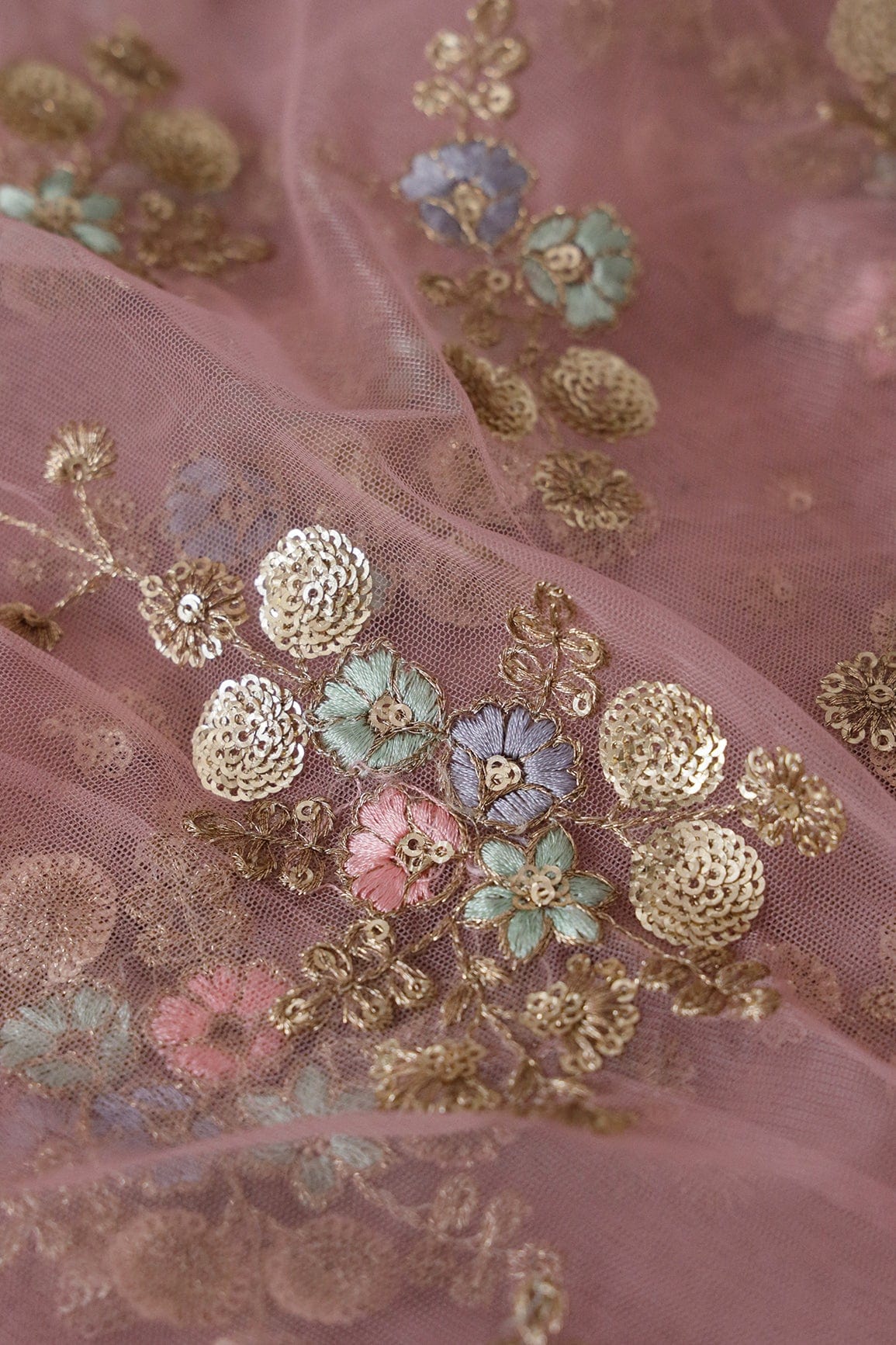 doeraa Embroidery Fabrics 1 Meter Cut Piece of Multi Thread With Gold Zari And Gold Sequins Beautiful Floral Embroidery On Baby Pink Soft Net Fabric