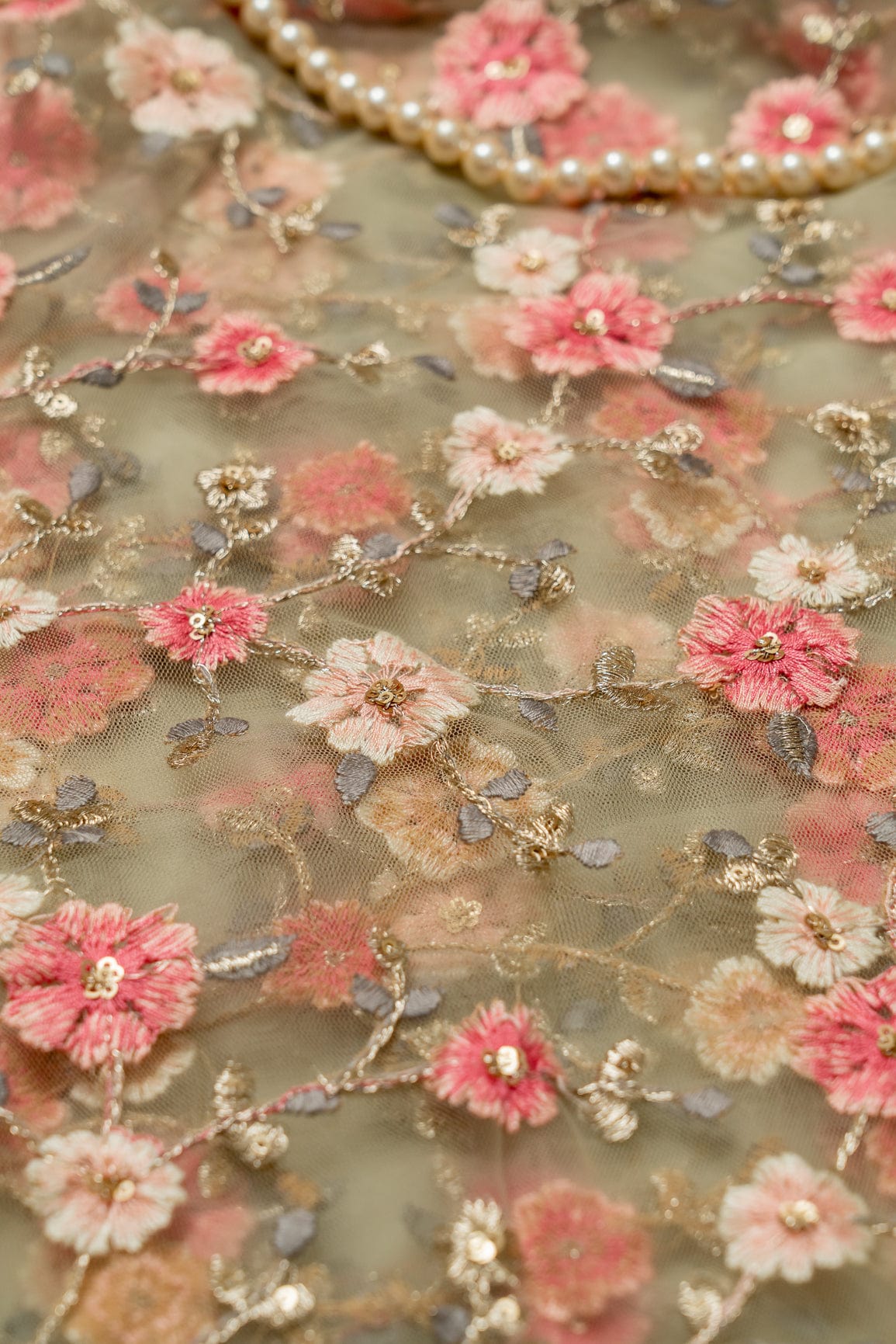 doeraa Embroidery Fabrics 1 Meter Cut Piece Of Multi Thread With Sequins Floral Embroidery On Olive Soft Net Fabric