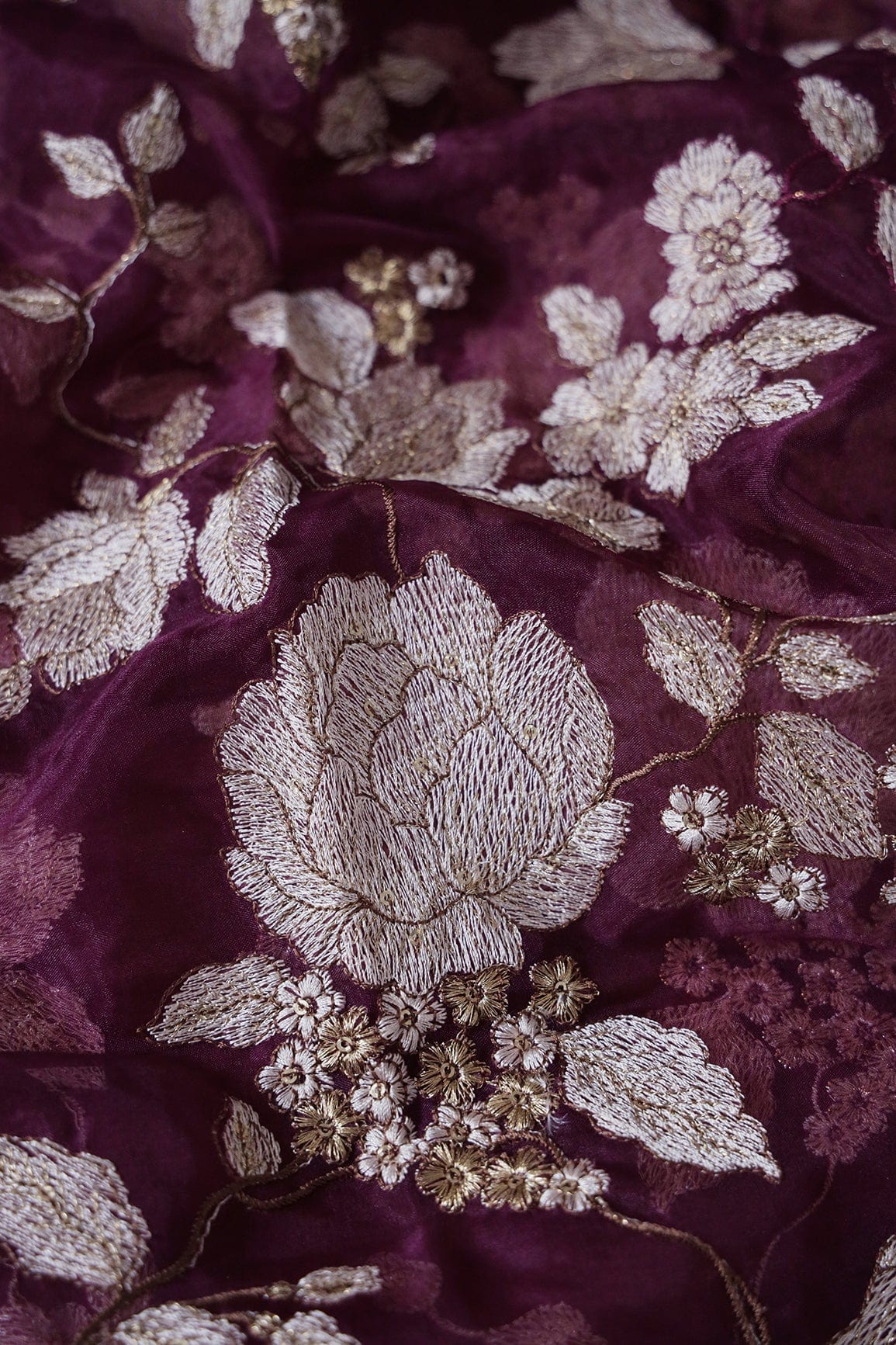 doeraa Embroidery Fabrics 1 Meter Cut Piece Of Off White Thread With Gold Zari Floral Embroidery Work On Dark Purple Organza Fabric