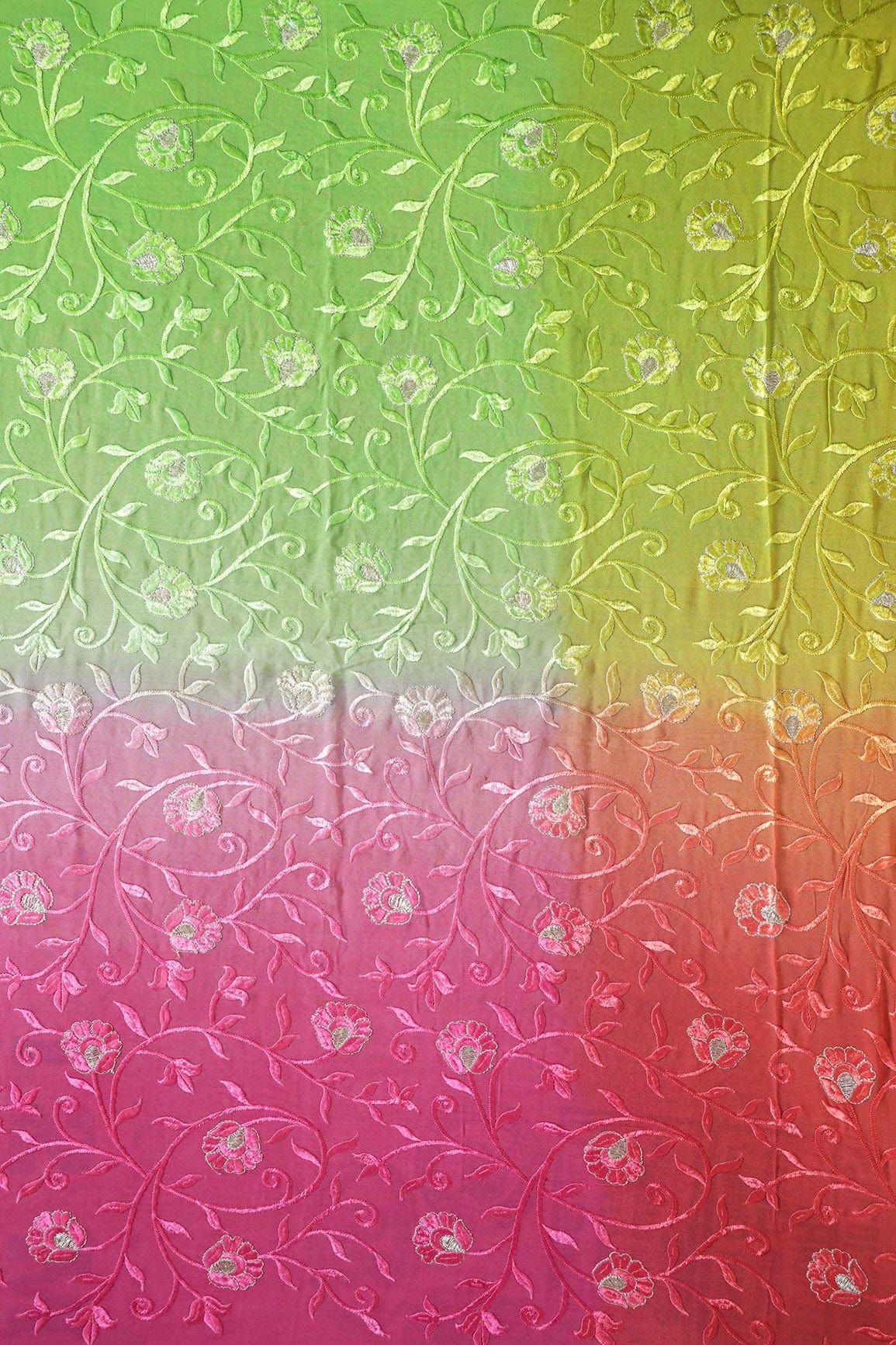 doeraa Embroidery Fabrics 1 Meter Cut Piece Of Pink And Parrot Green With Silver Zari Floral Embroidery On Multi Color Viscose Georgette Fabric