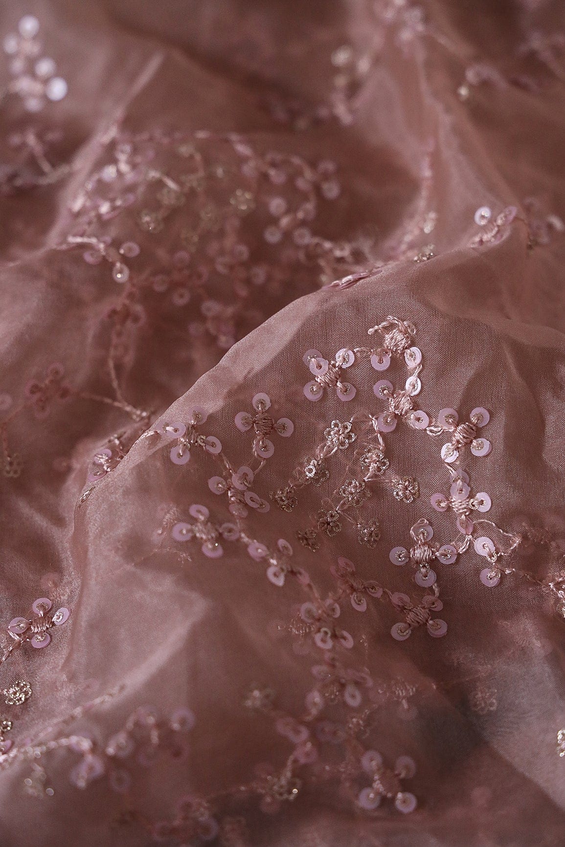 doeraa Embroidery Fabrics 1 Meter Cut Piece Of Pink Thread With Sequins Embroidery On Dusty Pink Organza Fabric