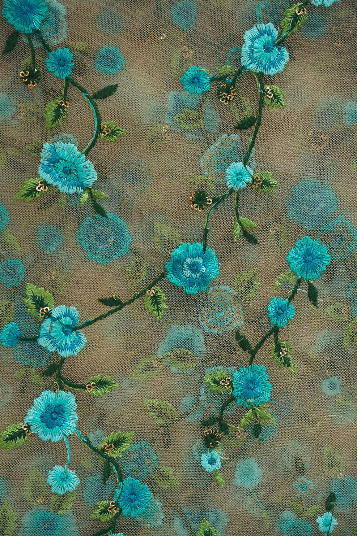 doeraa Embroidery Fabrics 1 Meter Cut Piece Of Sky Blue And Olive Floral Embroidery Work On Beige Soft Net Fabric