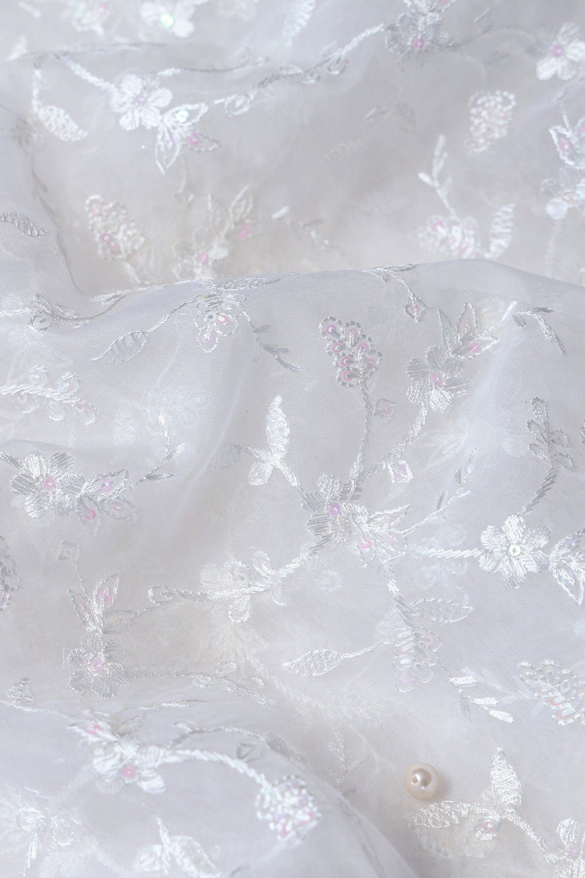 doeraa Embroidery Fabrics 1 Meter Cut Piece Of White Thread With Sequins Heavy Floral Embroidery On White Dyeable Organza Fabric