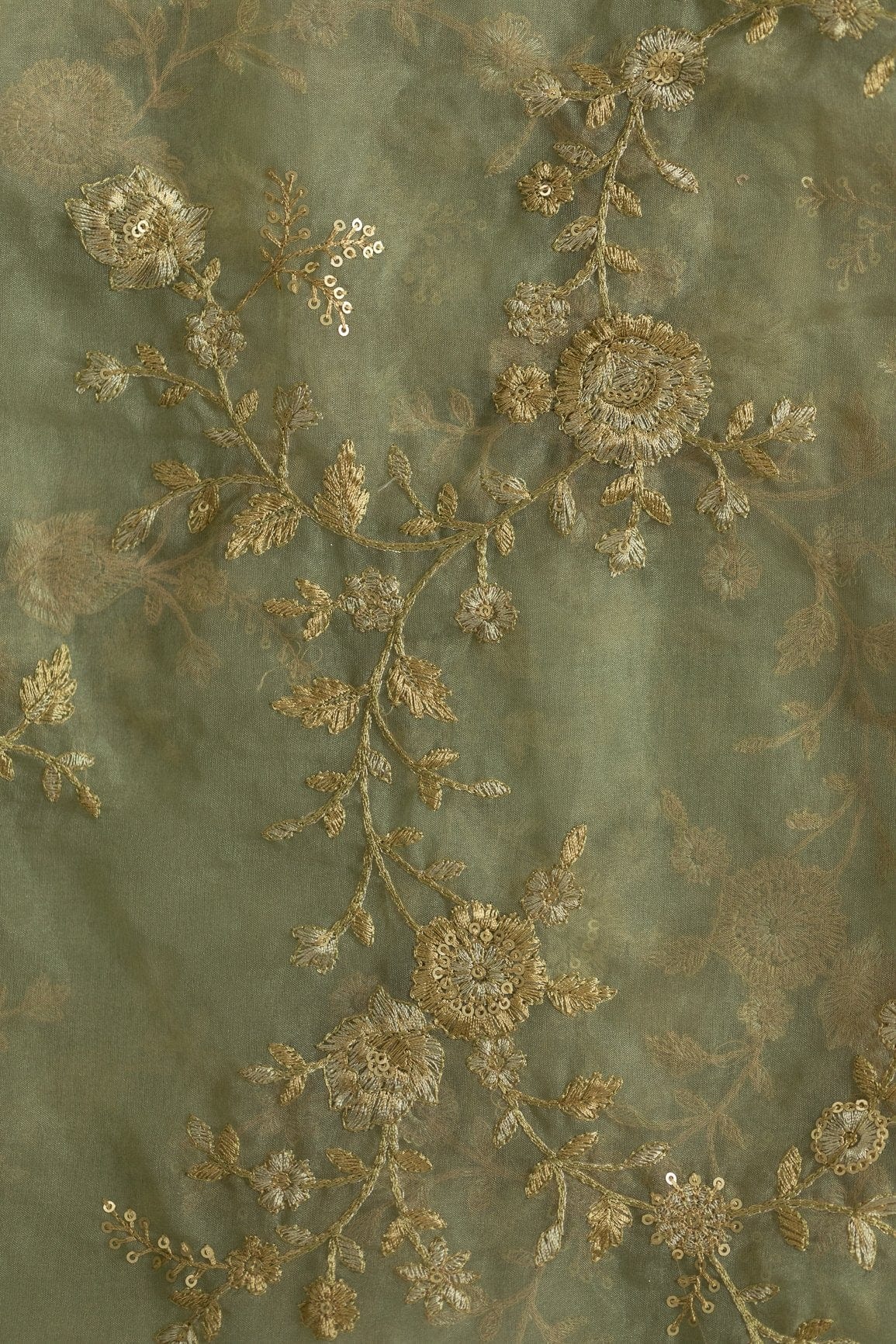 doeraa Embroidery Fabrics 1 Metre Cut Piece of Gold And Light Green Thread With Gold Sequins Embroidery On Olive Organza Fabric