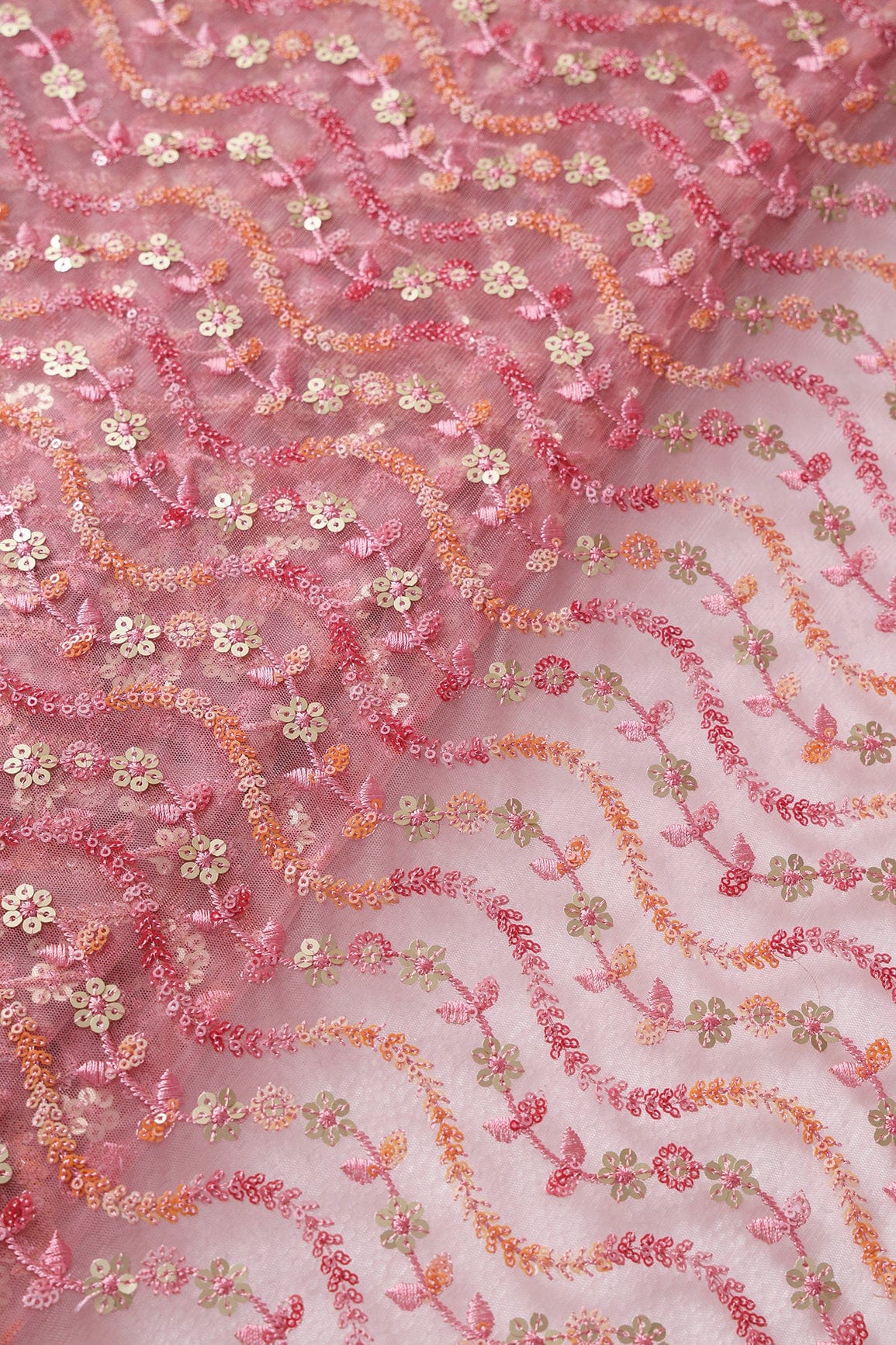 doeraa Embroidery Fabrics 2.25 Meter Cut Piece Of Beautiful Multi Color Sequins Heavy Wavy Embroidery Work On Pink Soft Net Fabric