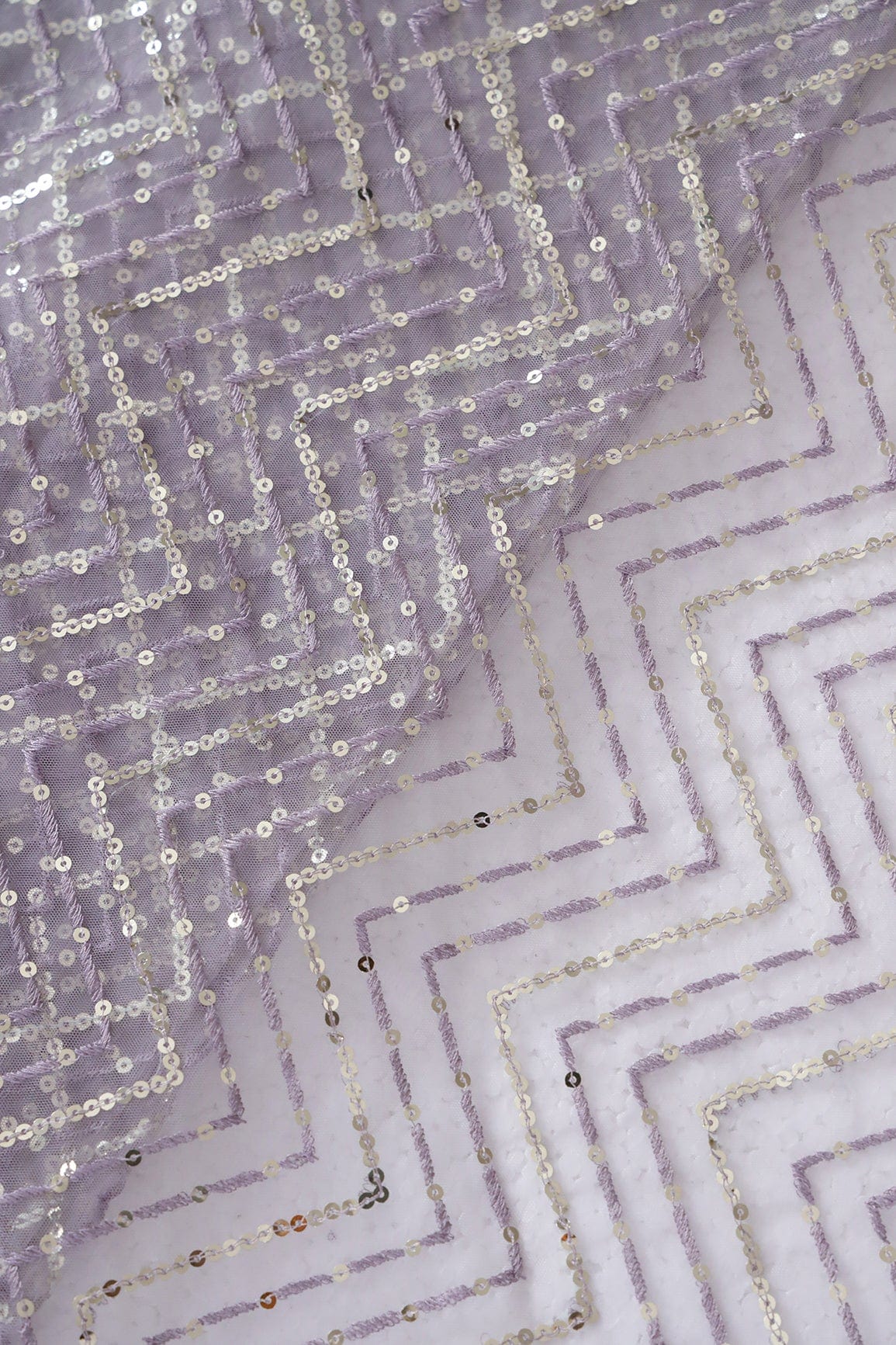 doeraa Embroidery Fabrics 2.25 Meter Cut Piece Of Gold Sequins With Lavender Thread Chevron Embroidery Work On Lavender Soft Net Fabric