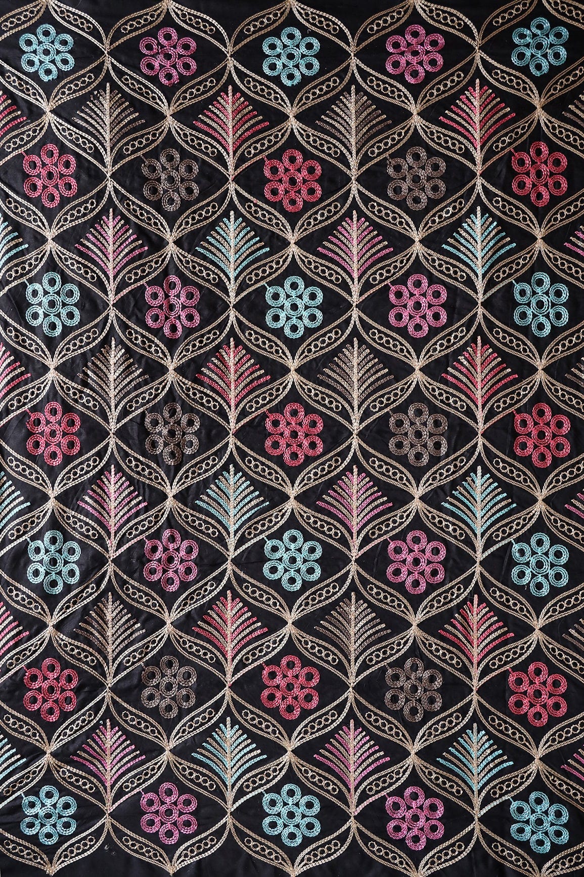 doeraa Embroidery Fabrics 2.25 Meter Cut Piece Of Multi Thread Beautiful Heavy Trellis Kashmiri Embroidery Work On Black Cotton Fabric