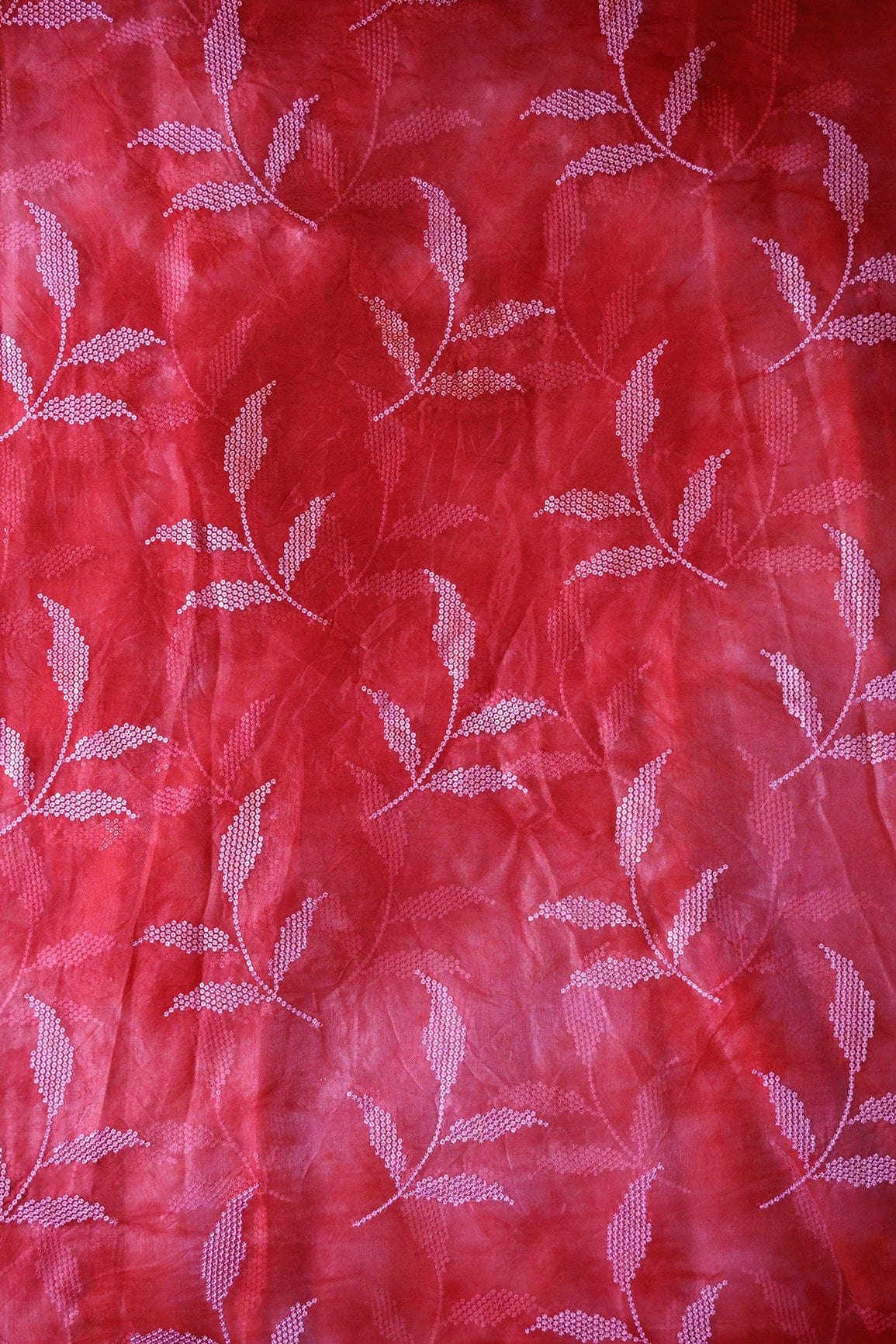 doeraa Embroidery Fabrics 2.25 Meter Cut Piece Of Silver Sequins Leafy Embroidery Work On Tie & Dye Red Organza Fabric