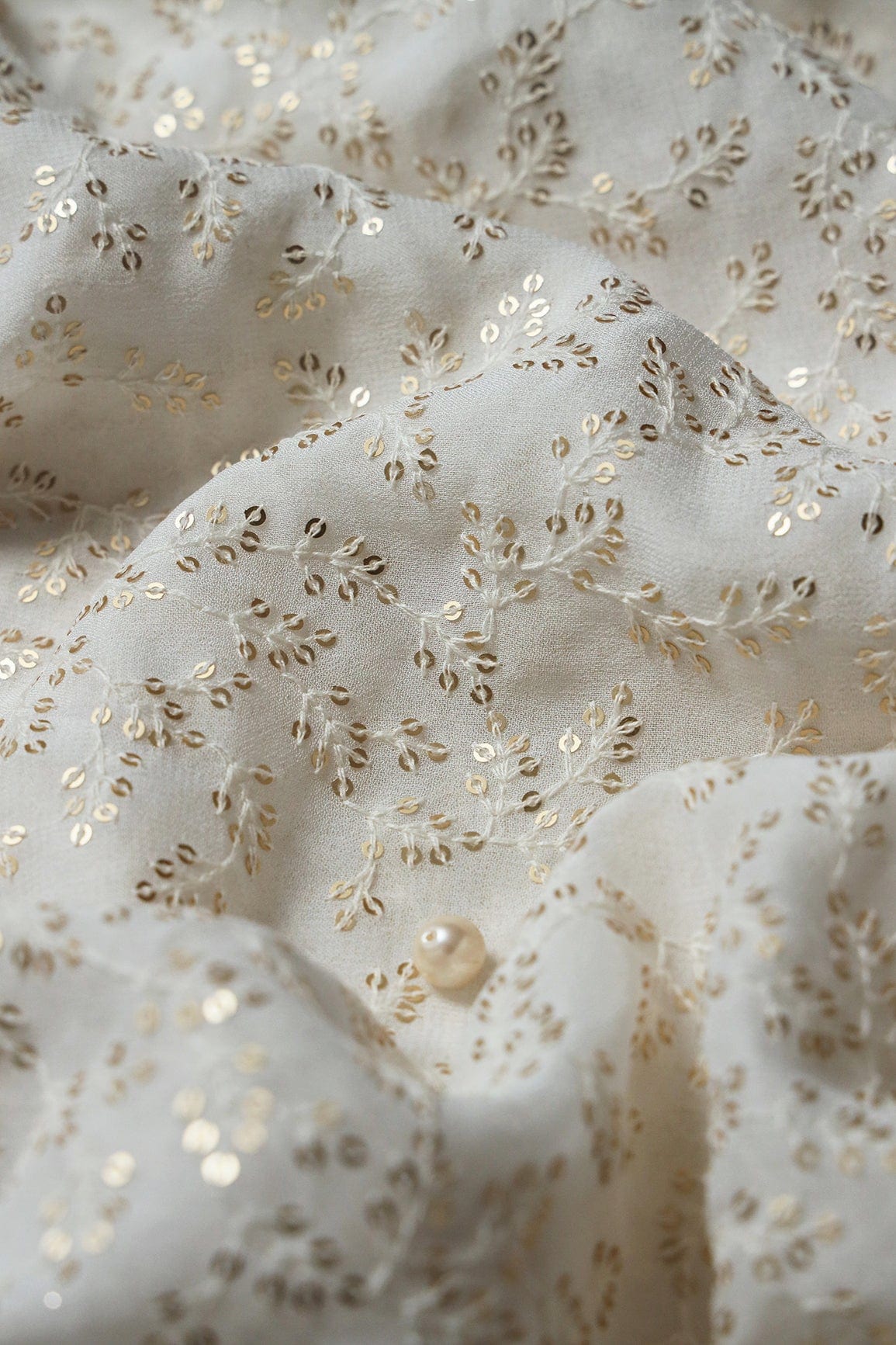 doeraa Embroidery Fabrics 2.25 Meter Cut Piece Of White Thread With Gold Sequins Leafy Embroidery Work On White Dyeable Viscose Georgette Fabric