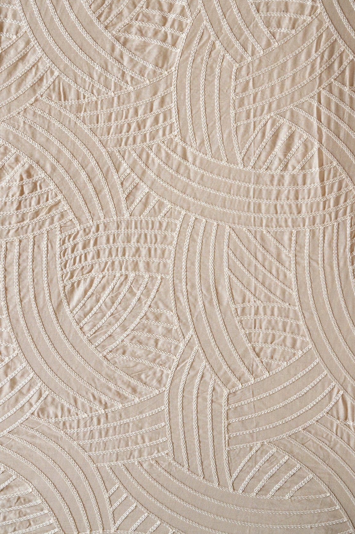doeraa Embroidery Fabrics 2.50 Meter Cut Piece Of Cream Thread Geometric Pattern Heavy Embroidery Work On Beige Cotton Fabric