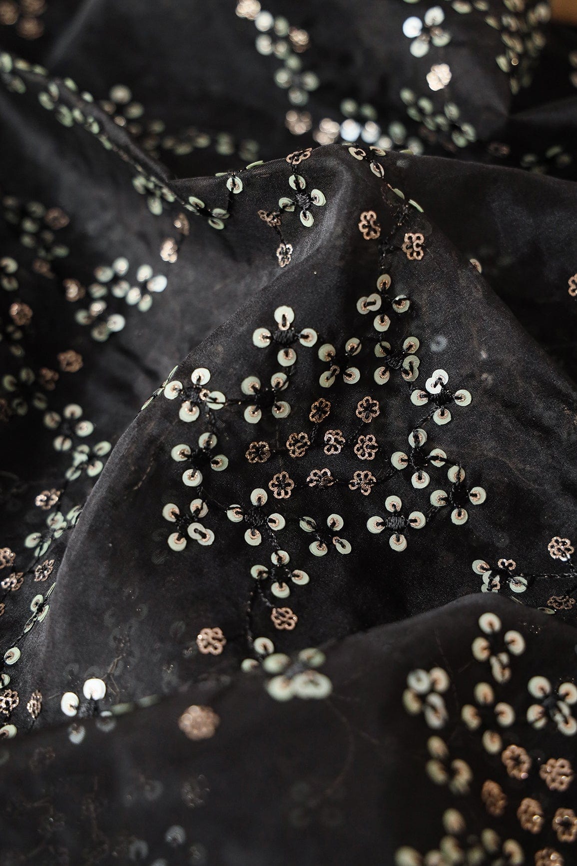 doeraa Embroidery Fabrics 2.50 Meter Cut Piece Of Gold And Silver Sequins Embroidery On Black Organza Fabric