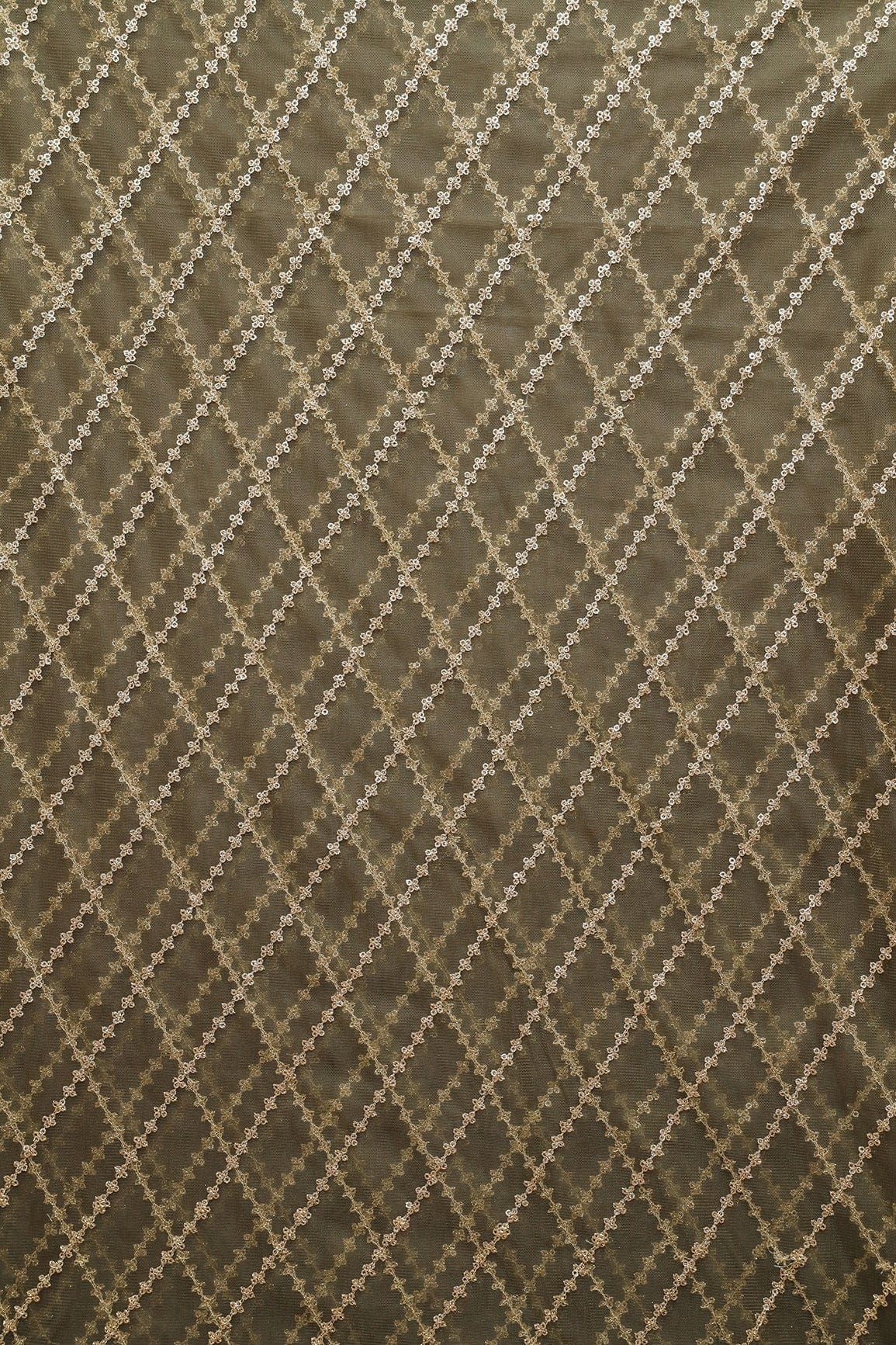 doeraa Embroidery Fabrics 2.50 Meter Cut Piece Of Gold Sequins Gold Zari Stripes Embroidery On Dark Olive Soft Net Fabric