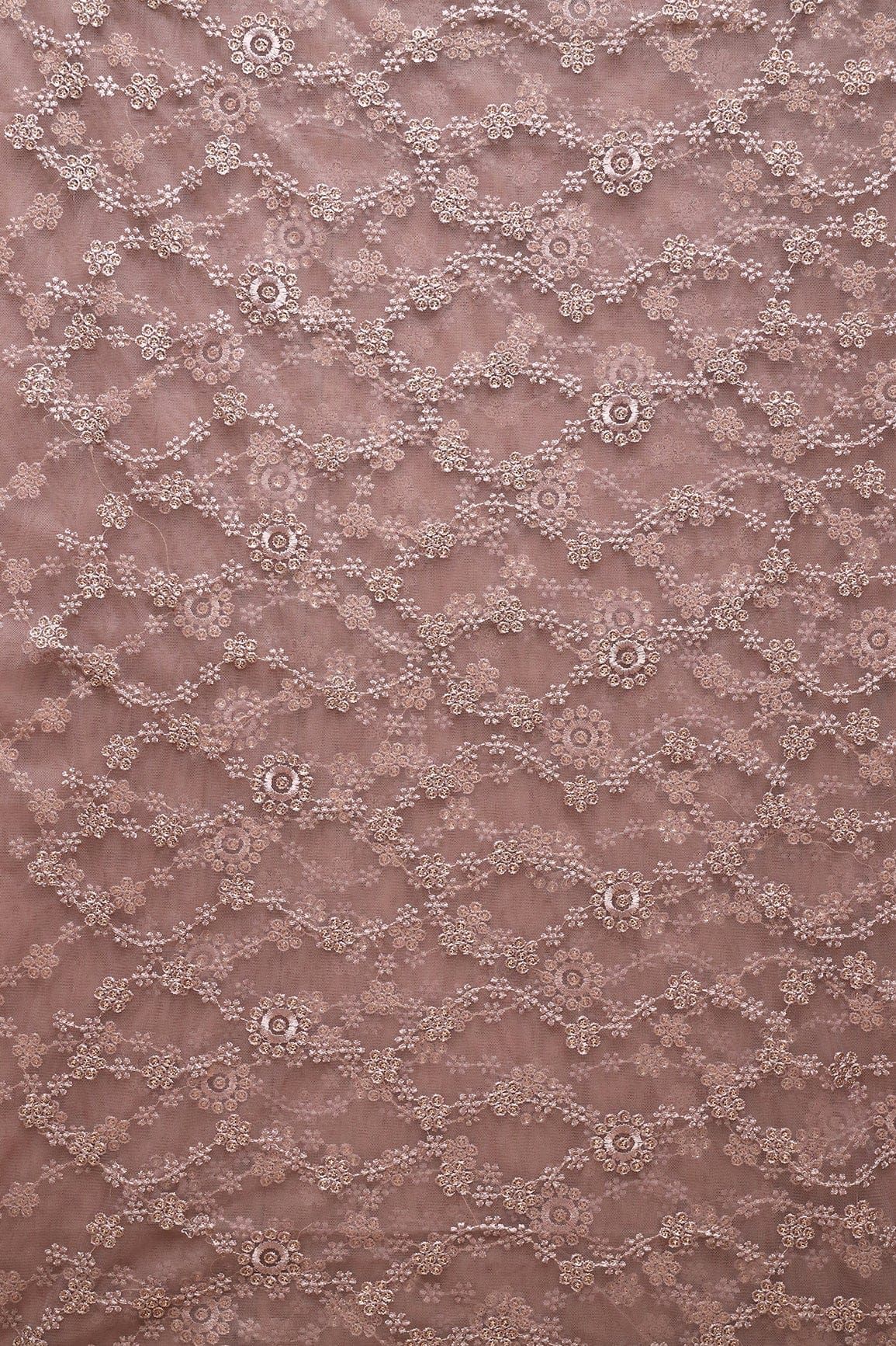 doeraa Embroidery Fabrics 2.50 Meter Cut Piece Of Gold Sequins With Mauve Thread Embroidery Work On Mauve Soft Net Fabric