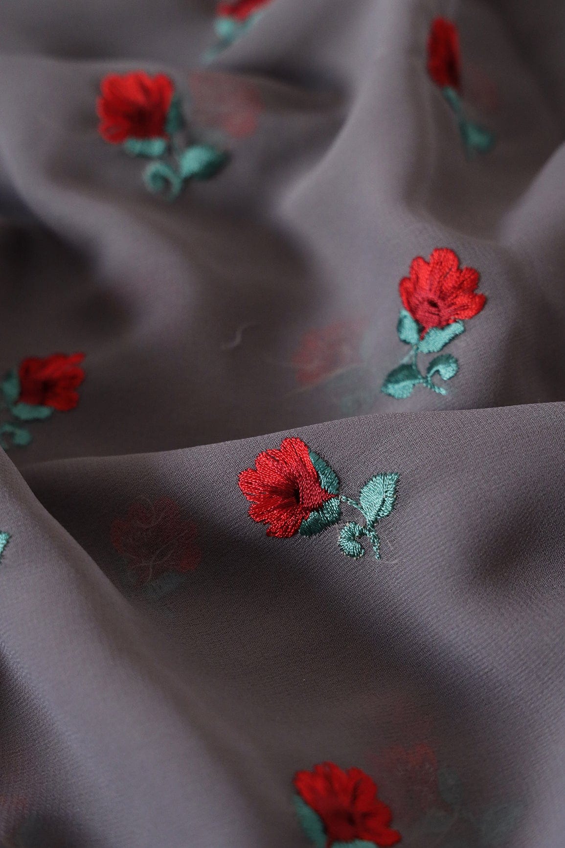 doeraa Embroidery Fabrics 2.75 Meter Cut Piece of Multi Colour Thread Subtle Flower Embroidery On Grey Georgette Fabric