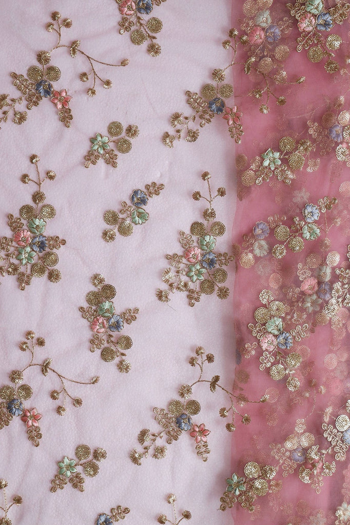 doeraa Embroidery Fabrics 2 Meter Cut Piece Of Beautiful Multi Thread With Sequins Floral Embroidery Work On Pink Soft Net Fabric