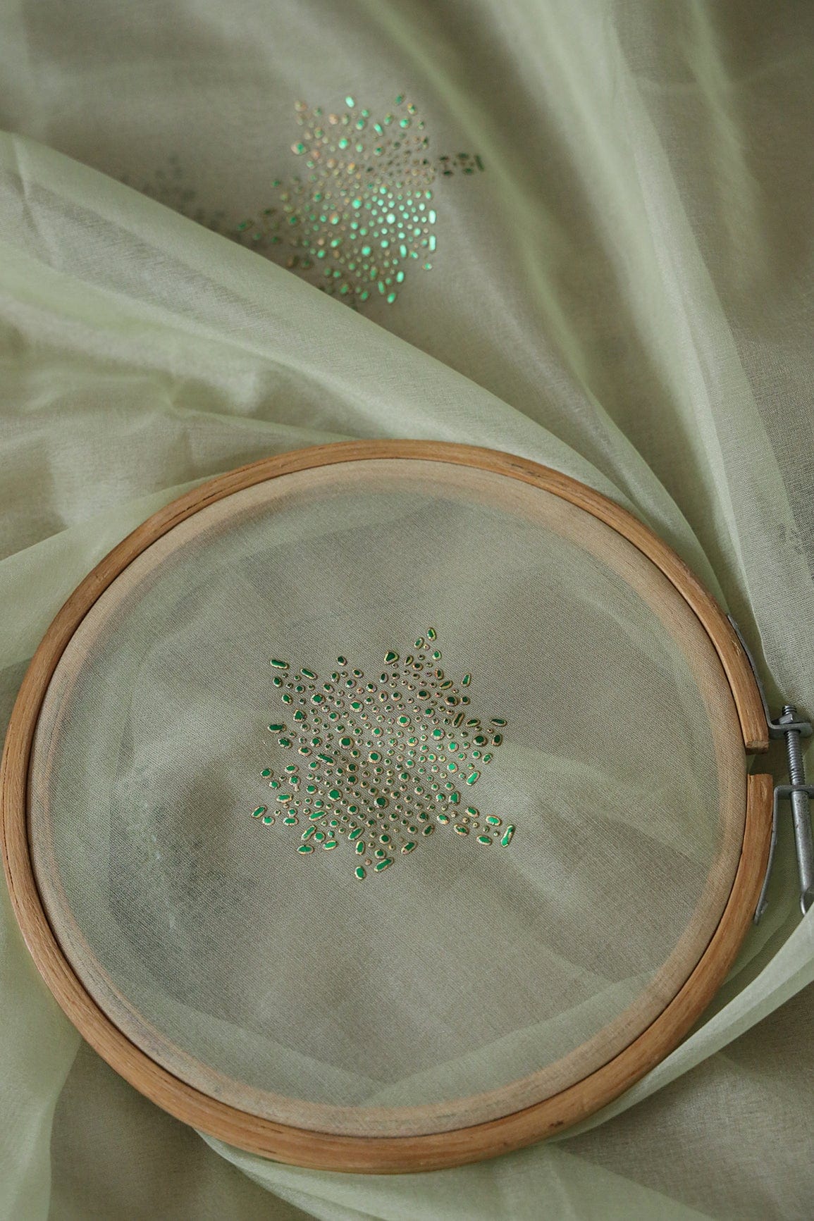doeraa Embroidery Fabrics 2 Meter Cut Piece Of Drak Green Stone Drop Floral Work On Olive Organza Fabric