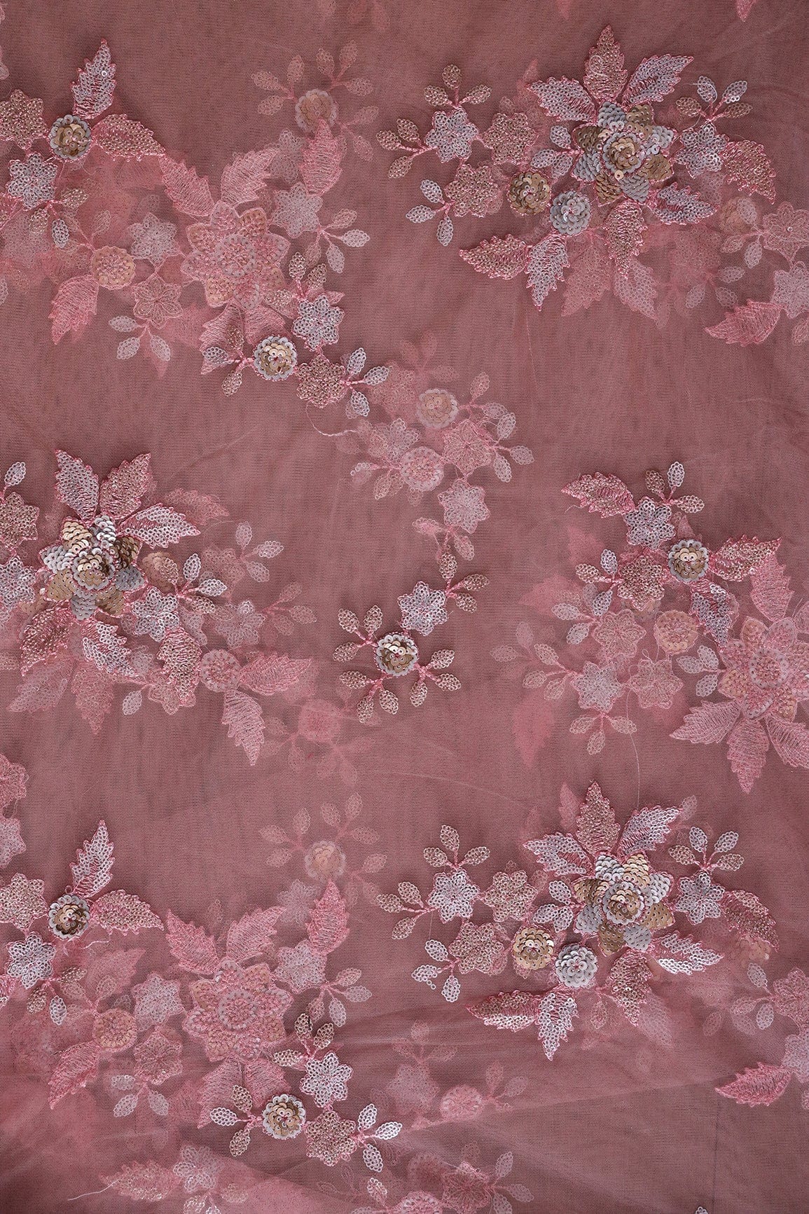 doeraa Embroidery Fabrics 2 Meter Cut Piece Of Gold And Silver Sequins With Pink Thread Floral Embroidery Work On Pink Soft Net Fabric