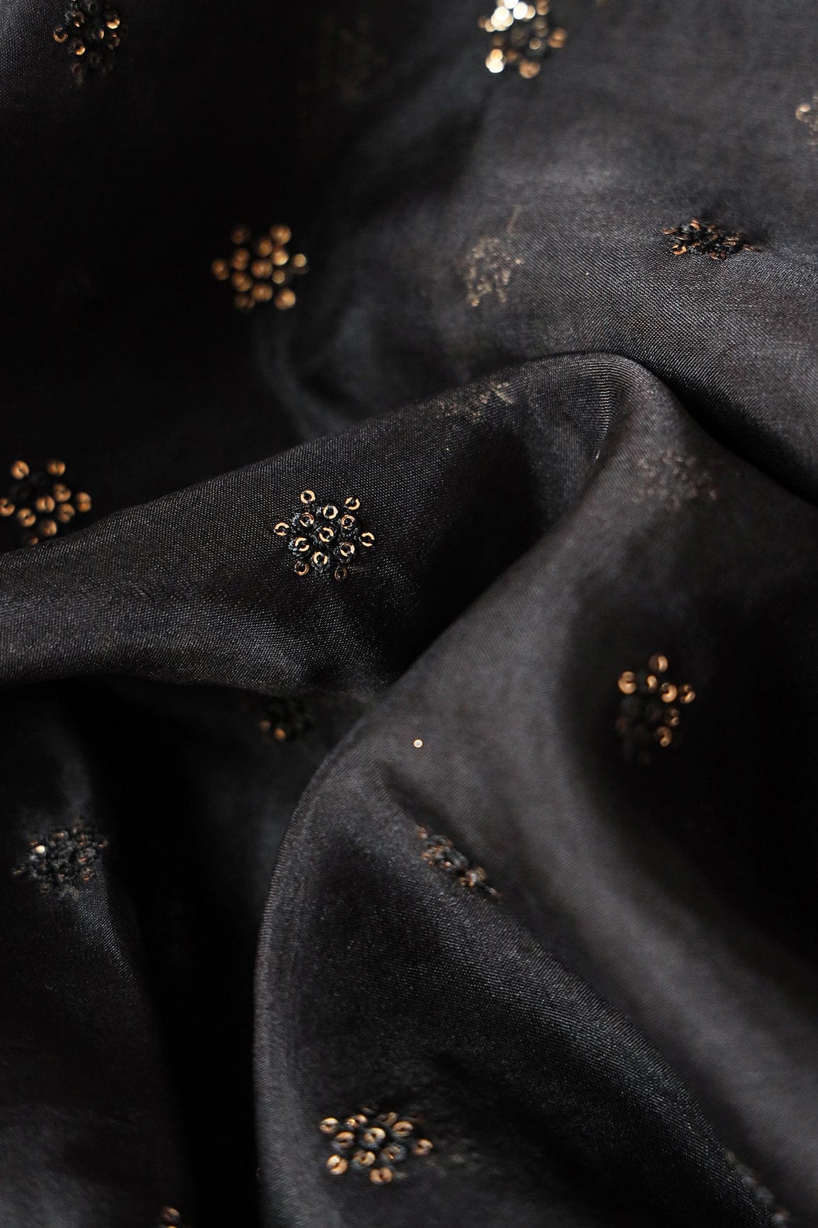 doeraa Embroidery Fabrics 2 Meter Cut Piece Of Gold Sequins With Thread Small Motif Embroidery On Black Organza Fabric