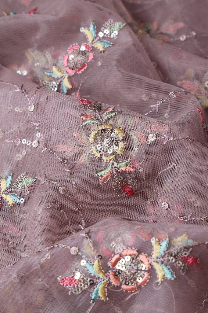 doeraa Embroidery Fabrics 2 Meter Cut Piece Of Multi Thread With Gold Sequins Floral Embroidery On Mauve Soft Net Fabric