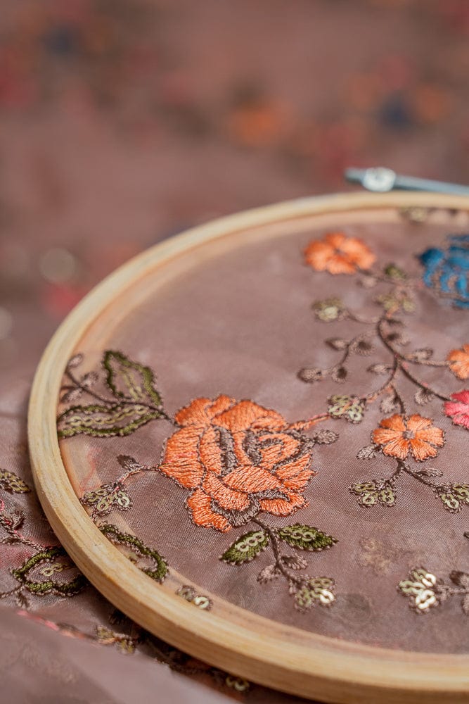 doeraa Embroidery Fabrics 2 Meter Cut Piece Of Multi Thread With Gold Sequins Floral Embroidery On Peach Organza Fabric