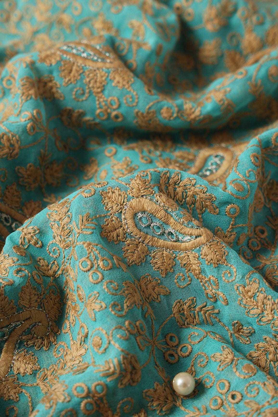 doeraa Embroidery Fabrics 3.25 Meter Cut Piece Of Beige Thread Paisley Embroidery On Sky Blue Viscose Georgette Fabric