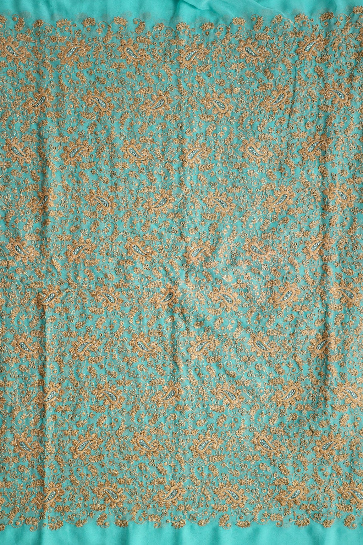 doeraa Embroidery Fabrics 3.25 Meter Cut Piece Of Beige Thread Paisley Embroidery On Sky Blue Viscose Georgette Fabric