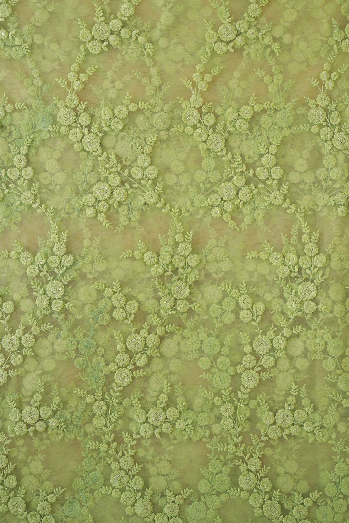 doeraa Embroidery Fabrics 3.25 Meter Cut Piece Of Green Thread With Sequins Floral Embroidery Work On Parrot Green Soft Net Fabric