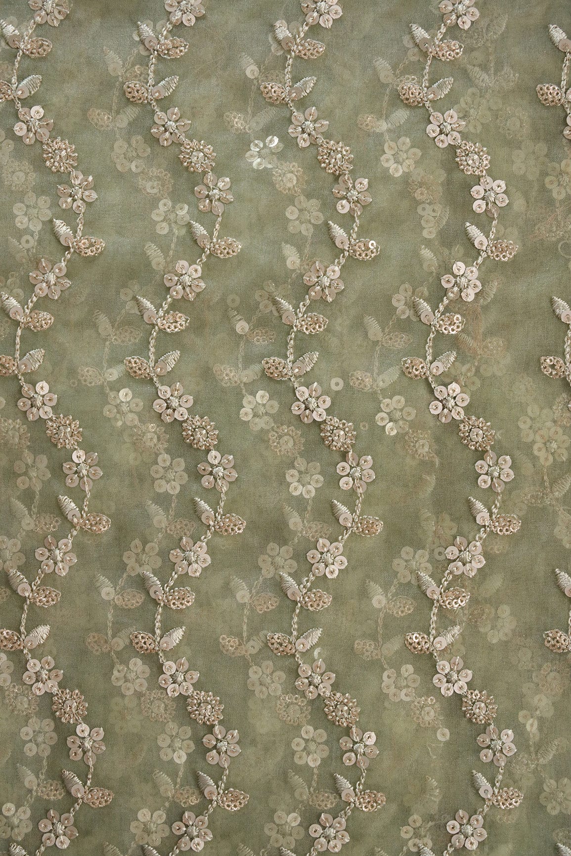 doeraa Embroidery Fabrics 3.25 Meter Cut Piece Of Sequins With Olive Thread Embroidery Work On Olive Organza Fabric