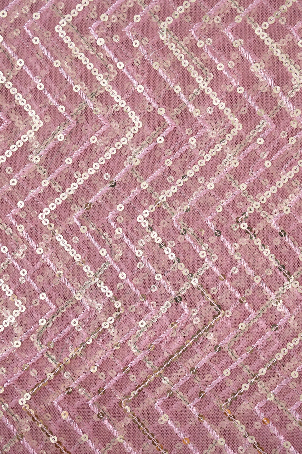 doeraa Embroidery Fabrics 3.50 Meter Cut Piece Of Gold Sequins With Pink Thread Chevron Embroidery Work On Pink Soft Net Fabric