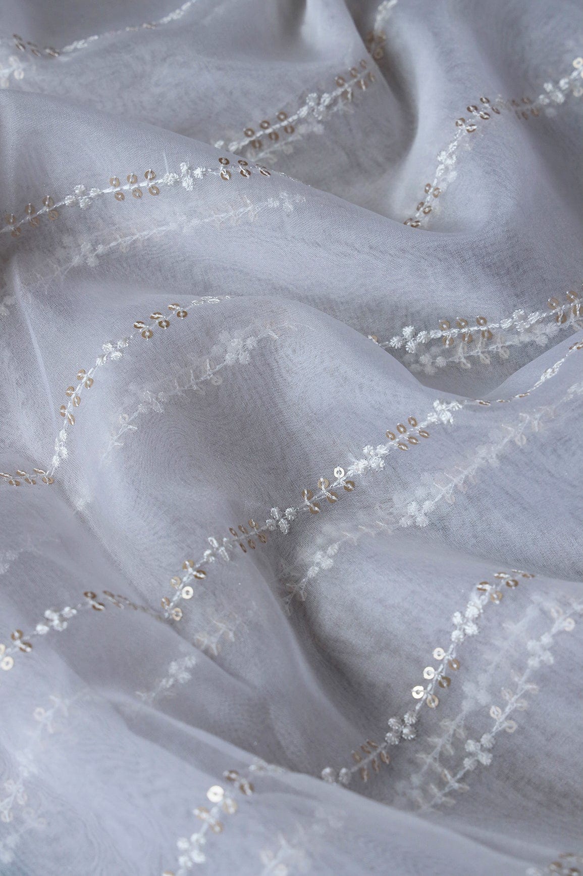 doeraa Embroidery Fabrics 3.50 Meter Cut Piece Of Gold Sequins With White Thread Stripes Embroidery On White Organza Fabric