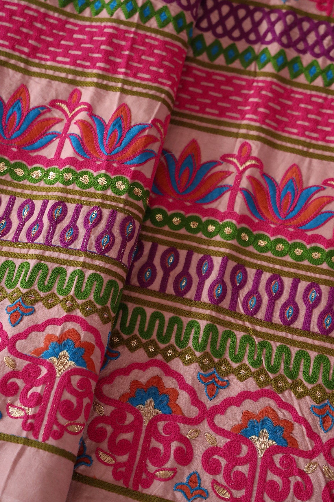 doeraa Embroidery Fabrics 3.50 Meter Cut Piece Of Multi Thread Beautiful Heavy Traditional Embroidery Work On Peach Cotton Fabric