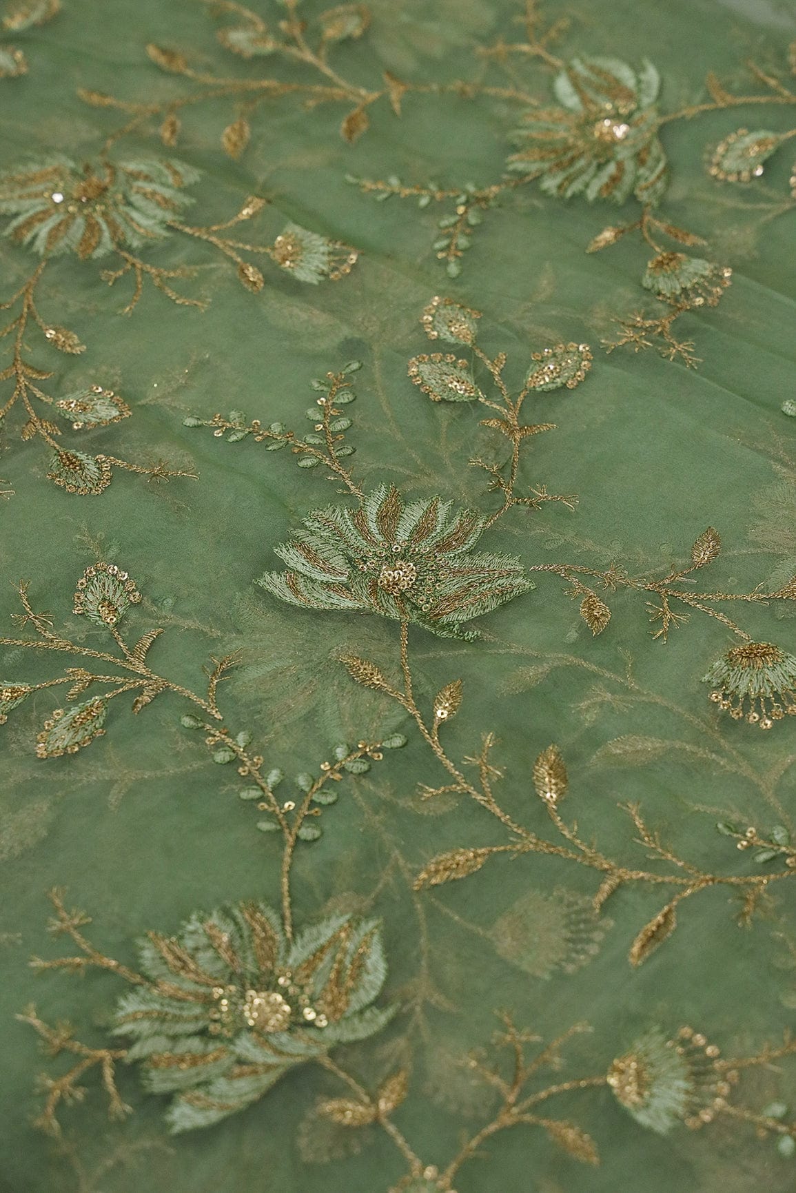 doeraa Embroidery Fabrics 3.70 Meter Cut Piece Gold Zari With Gold Sequins And Green Thread Embroidery On Olive Organza Fabric