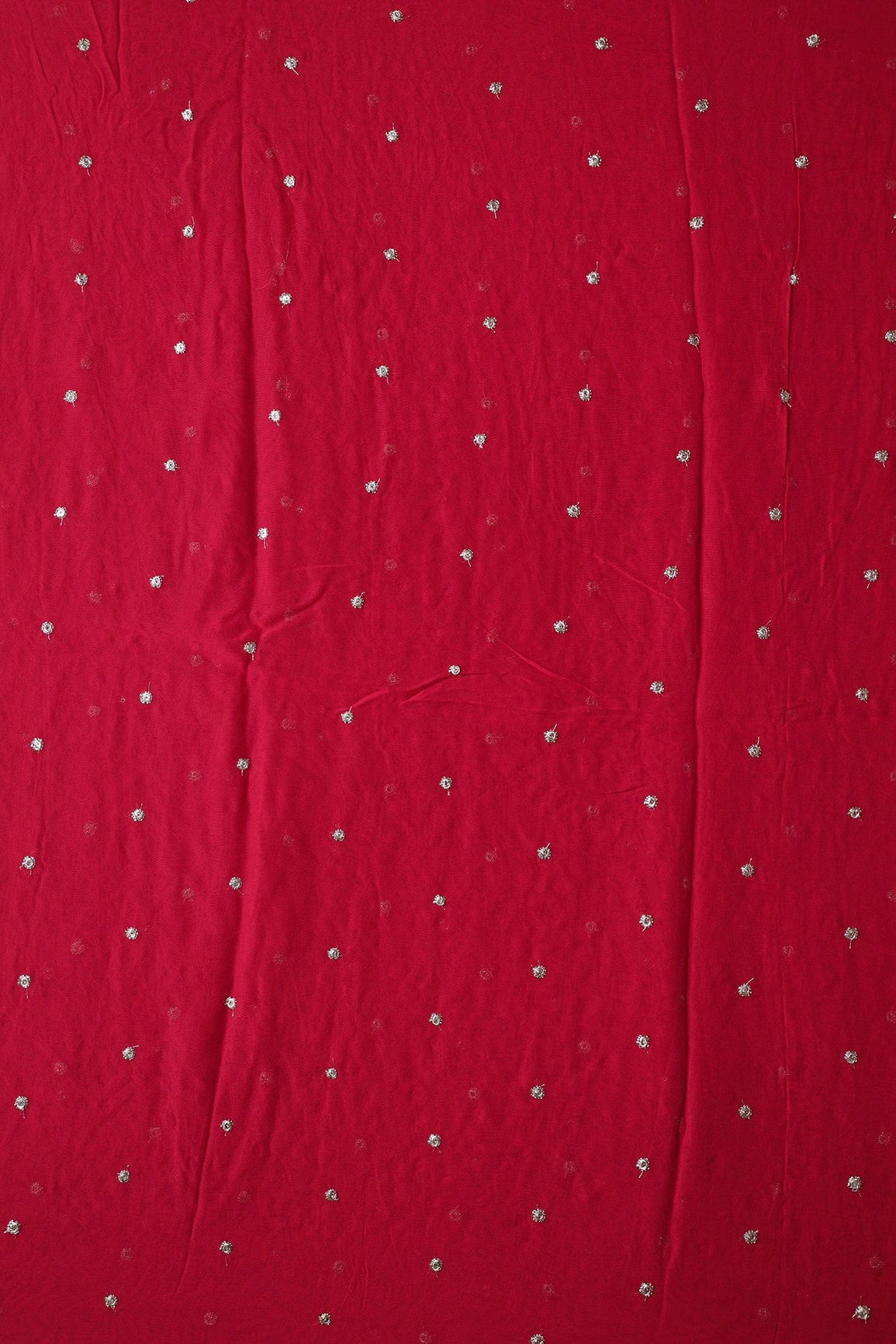 doeraa Embroidery Fabrics 3.75 Meter Cut Piece Of Zari With Thread Small Floral Motif Embroidery On Red Viscose Georgette Fabric