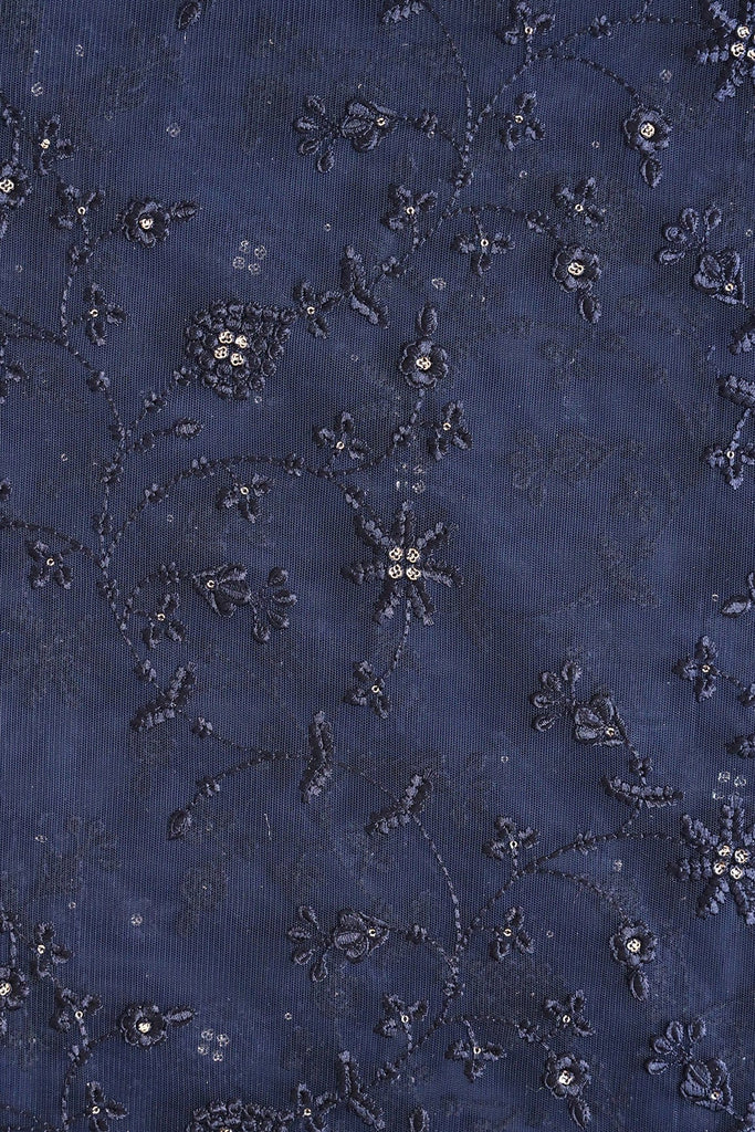 doeraa Embroidery Fabrics 3 Meter Cut Piece Of Blue Thread With Gold Sequins Floral Embroidery Work On Navy Blue Soft net Fabric
