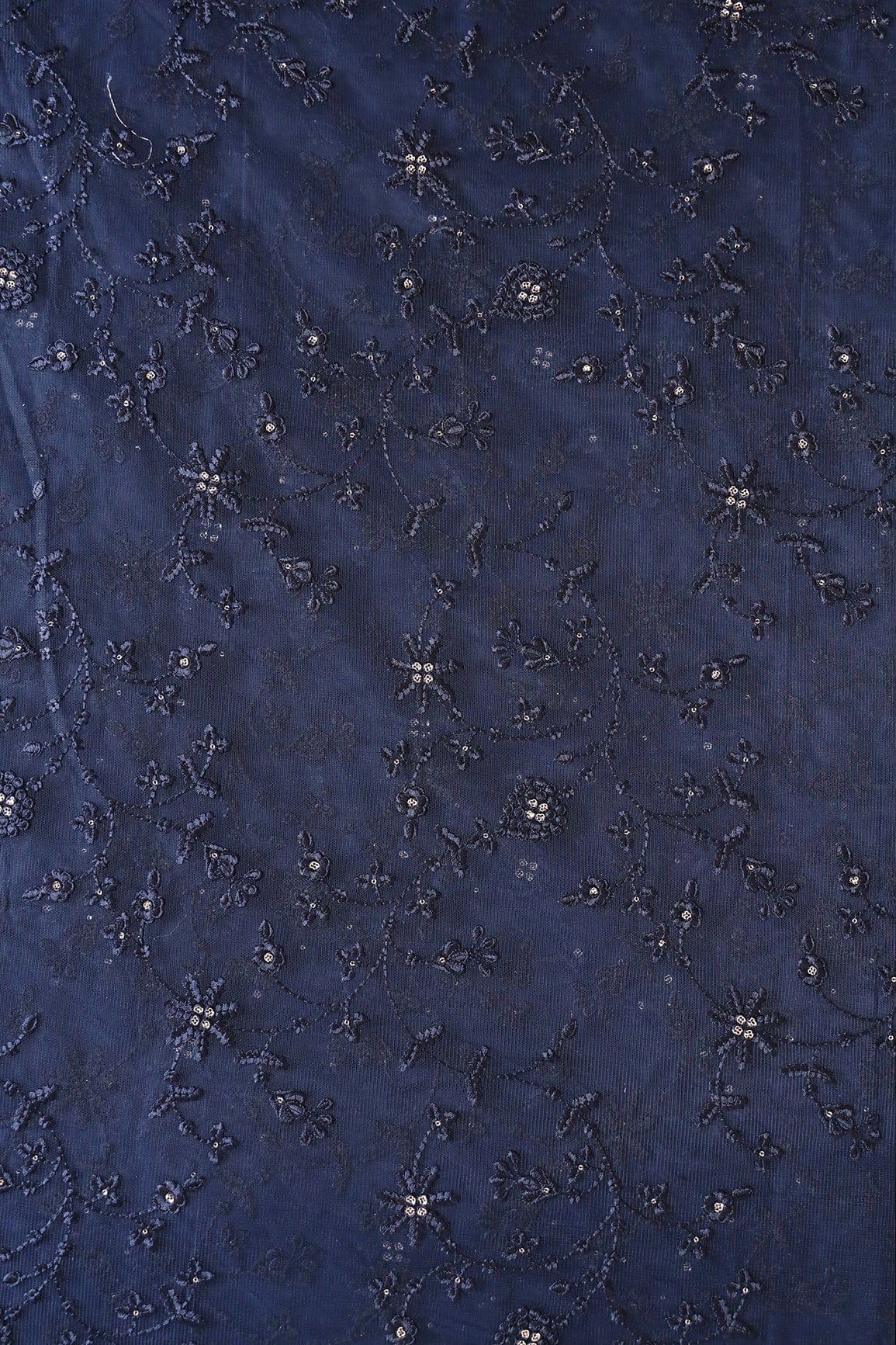 doeraa Embroidery Fabrics 3 Meter Cut Piece Of Blue Thread With Gold Sequins Floral Embroidery Work On Navy Blue Soft net Fabric